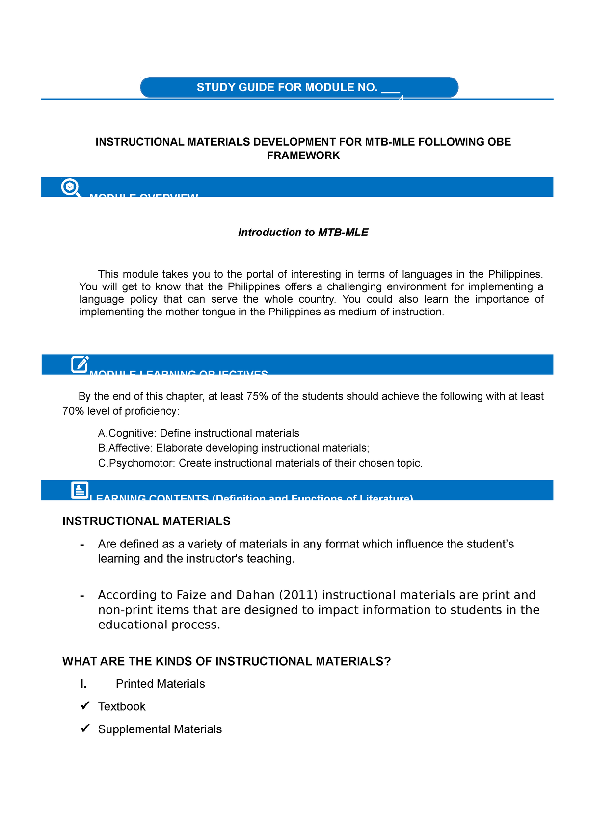 Instructional Materials Development FOR MTB MLE Following OBE Framework 