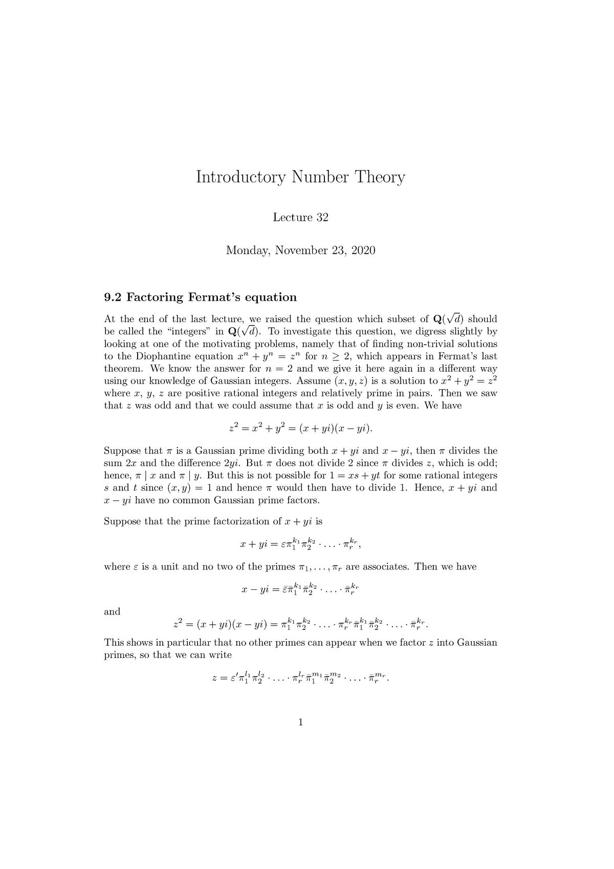 Lecture 32 - Class Notes - Introductory Number Theory Lecture 32 Monday ...