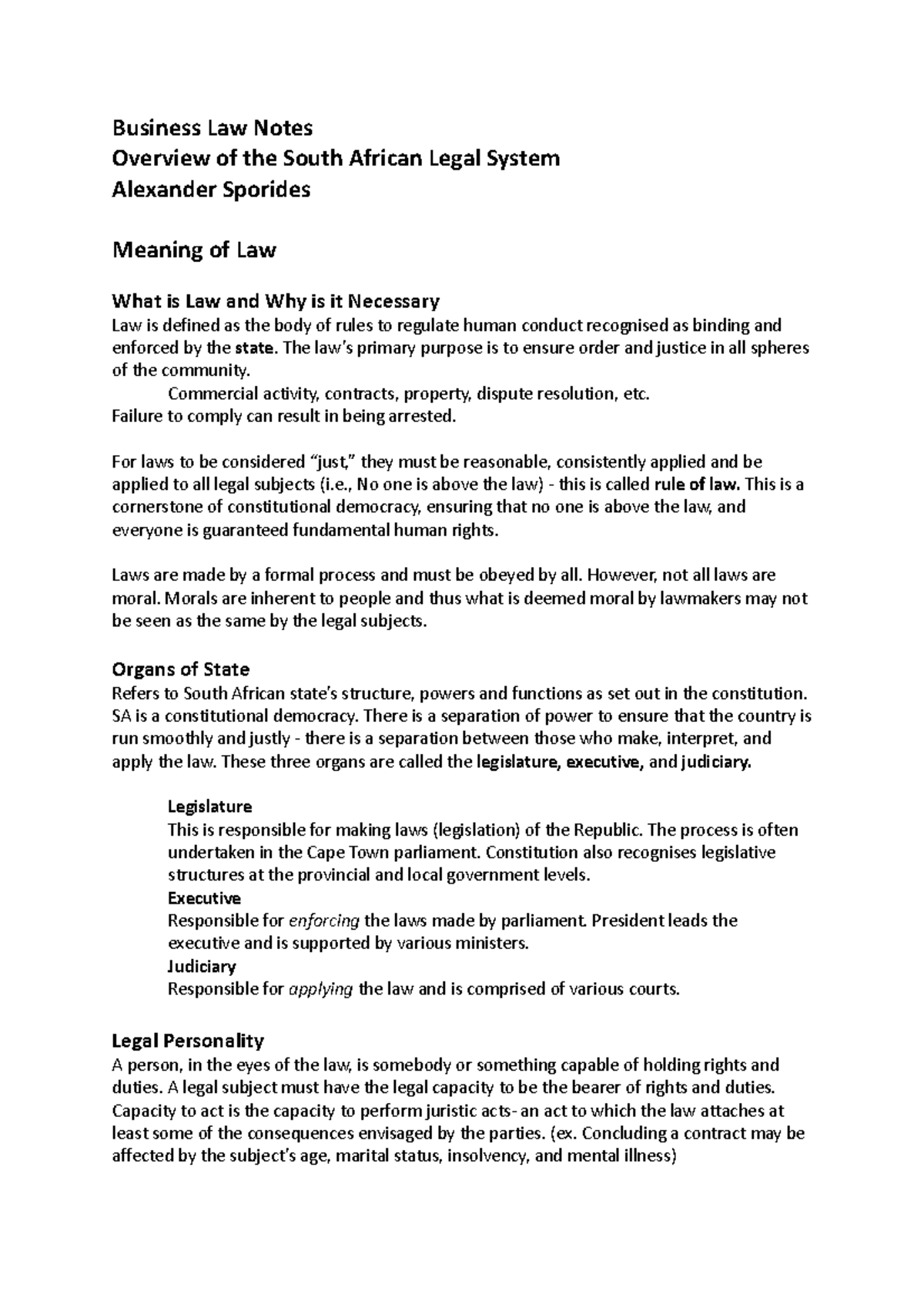 1. Overview of South African Legal System (Part A) Business Law Notes