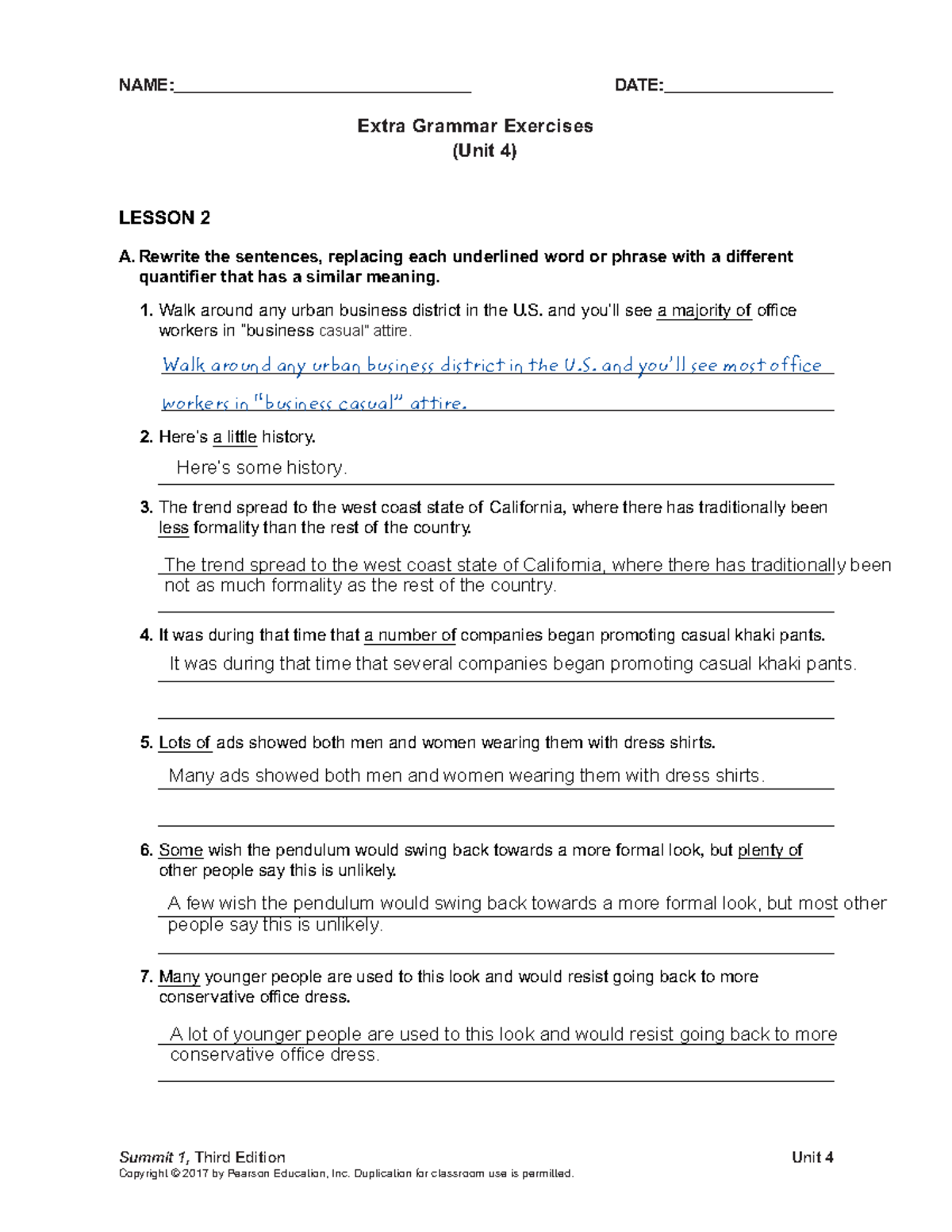 Summit 1 Unit4 Extra Grammar Exercises Copyright 17 By Pearson Education Inc Duplication For Classroom Use Is Permitted Name Date Summit Third Edition Unit Studocu