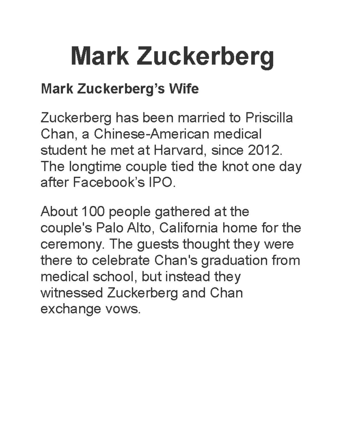 Mark Zuckerberg Mark Zuckerberg Mark Zuckerberg’s Wife Zuckerberg has