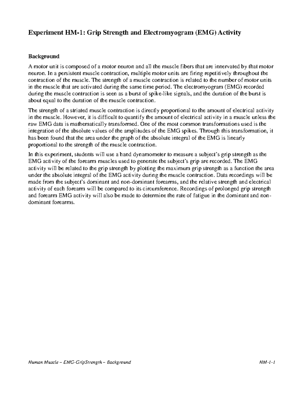 EMG-Grip Strength Background - Experiment HM-1: Grip Strength and ...
