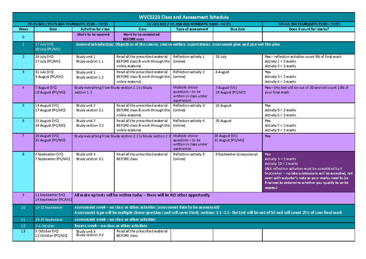 WVCS223 Semester Plan 2023 - WVCS223 Class and Assessment Schedule PC ...