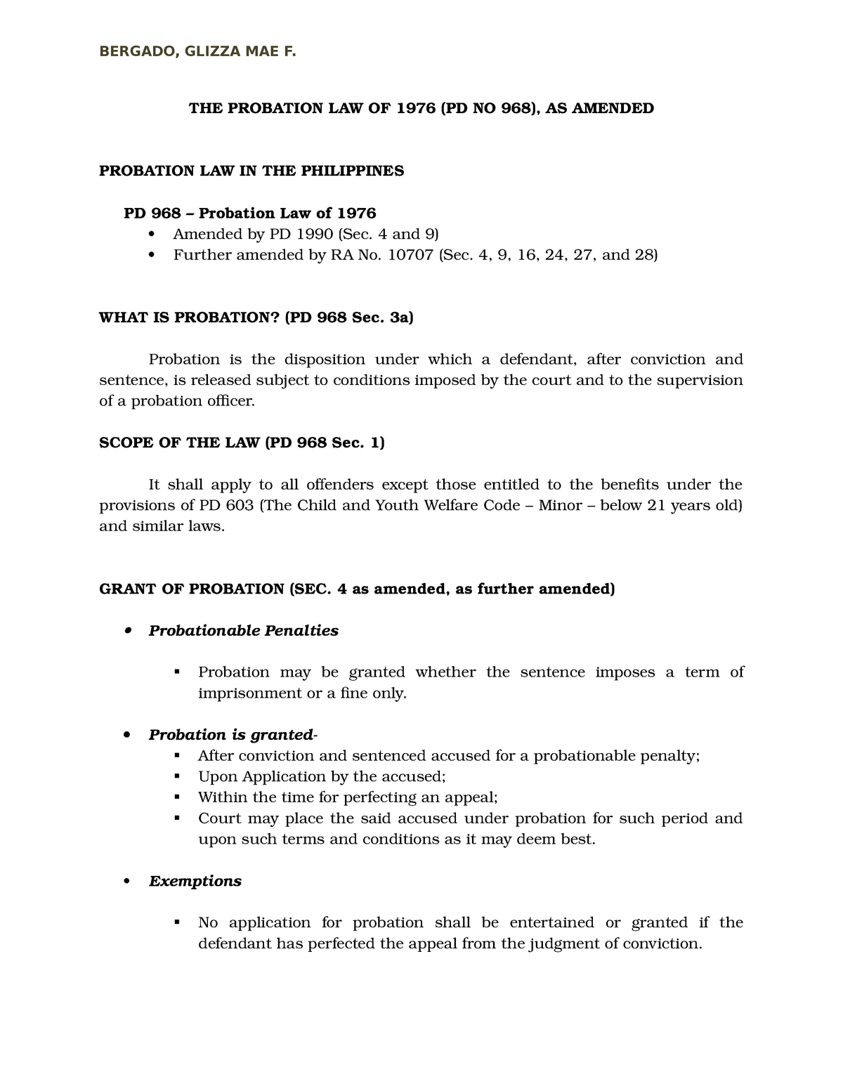 Report - Probation Law - Handouts - BERGADO, GLIZZA MAE F. THE ...