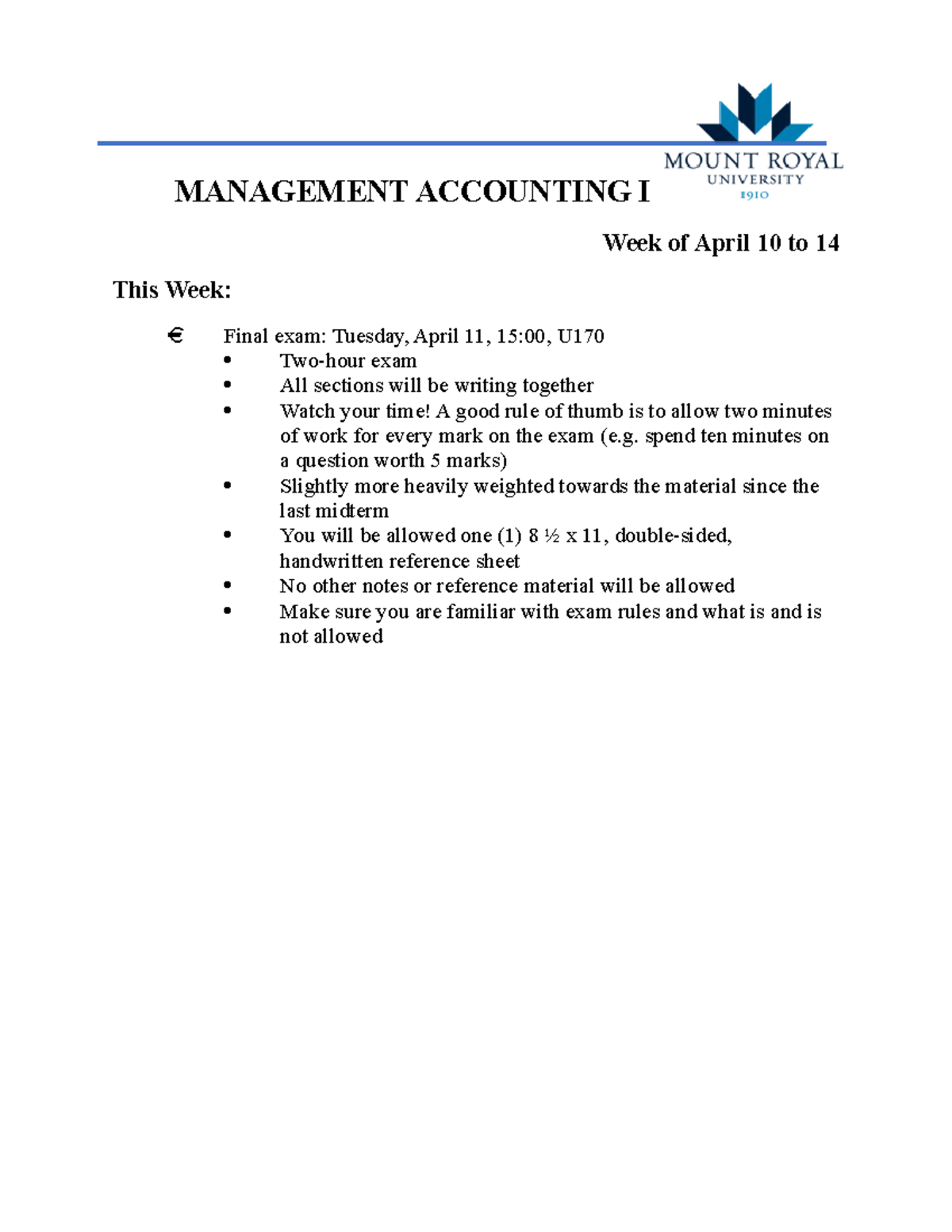 Weekly Checklist 13 - MANAGEMENT ACCOUNTING I Week of April 10 to 14 ...
