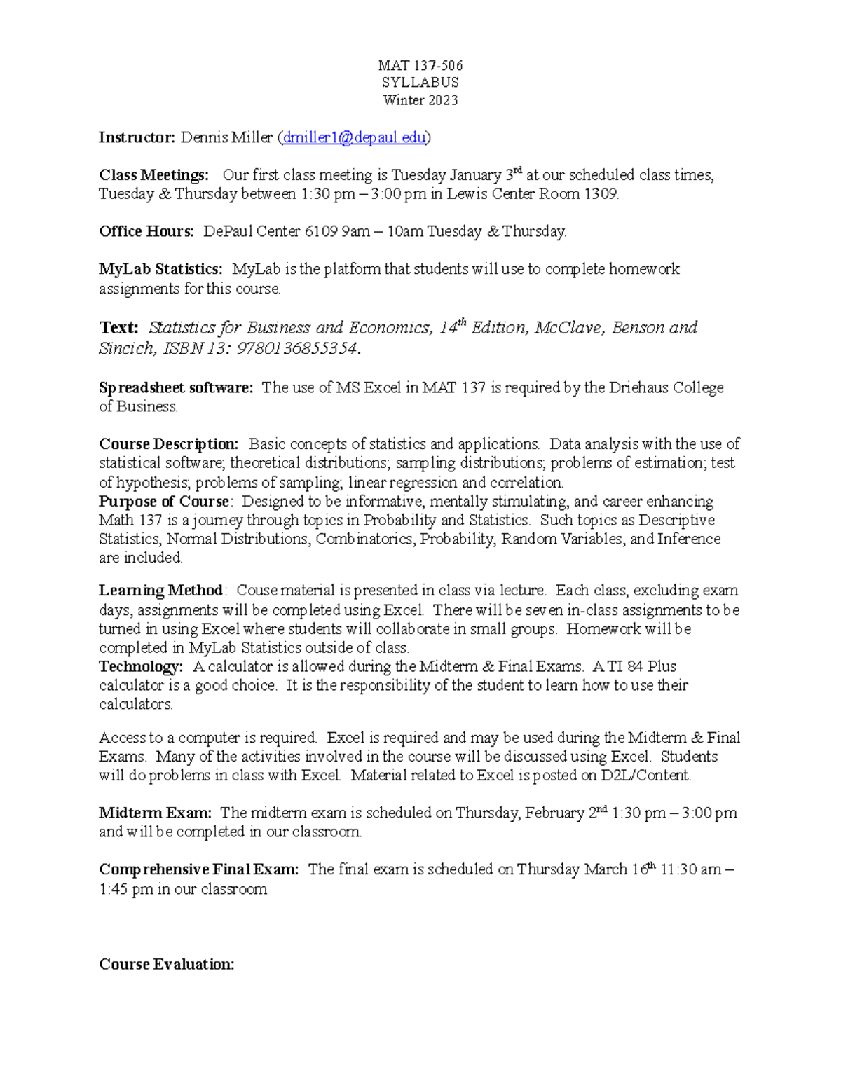 MAT 137-506 Syllabus Winter 2023 - MAT 137- SYLLABUS Winter 2023 ...