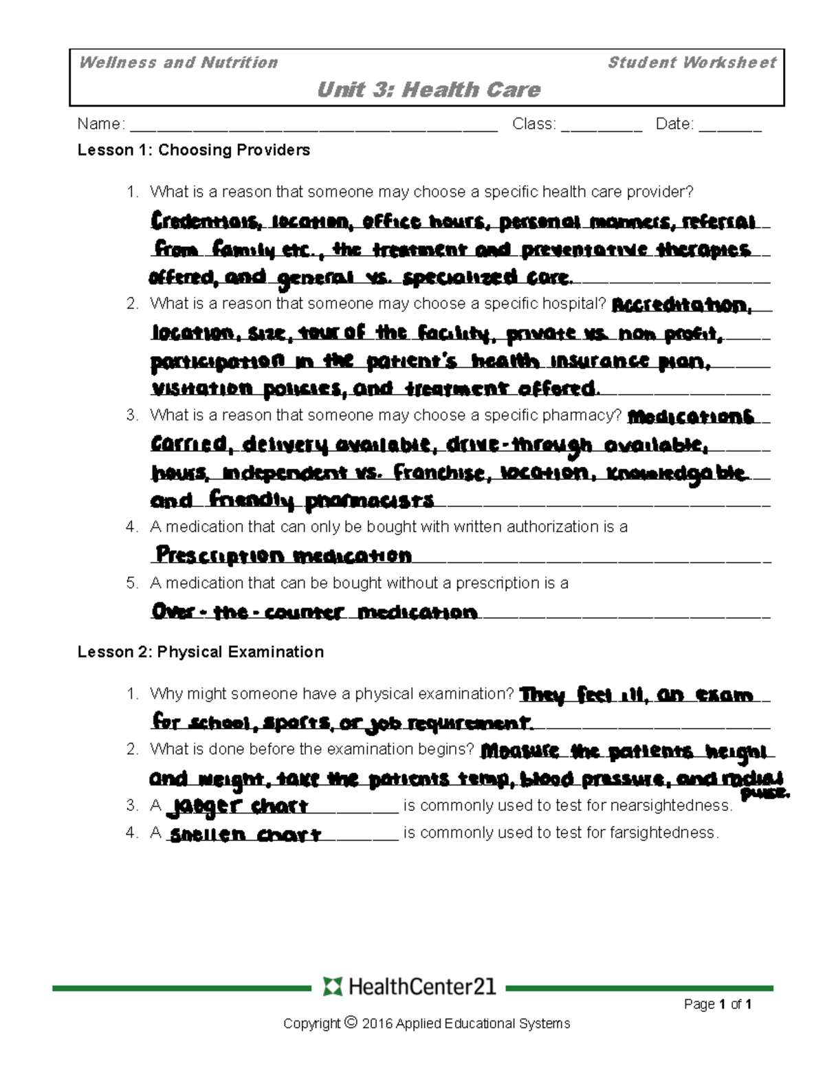 AES Wellness and Nutrition Unit 3 WS Wellness and Nutrition Student