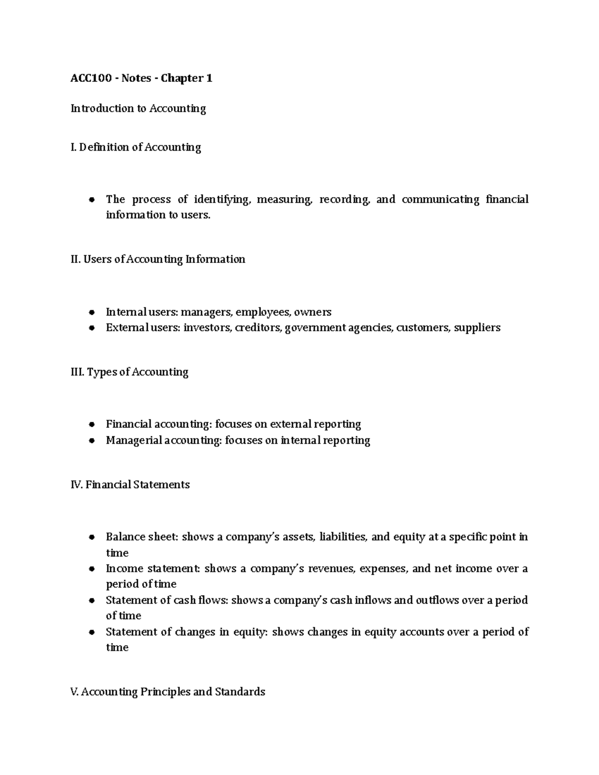 ACC100 - Notes - Chapter 1 - Definition of Accounting The process of ...