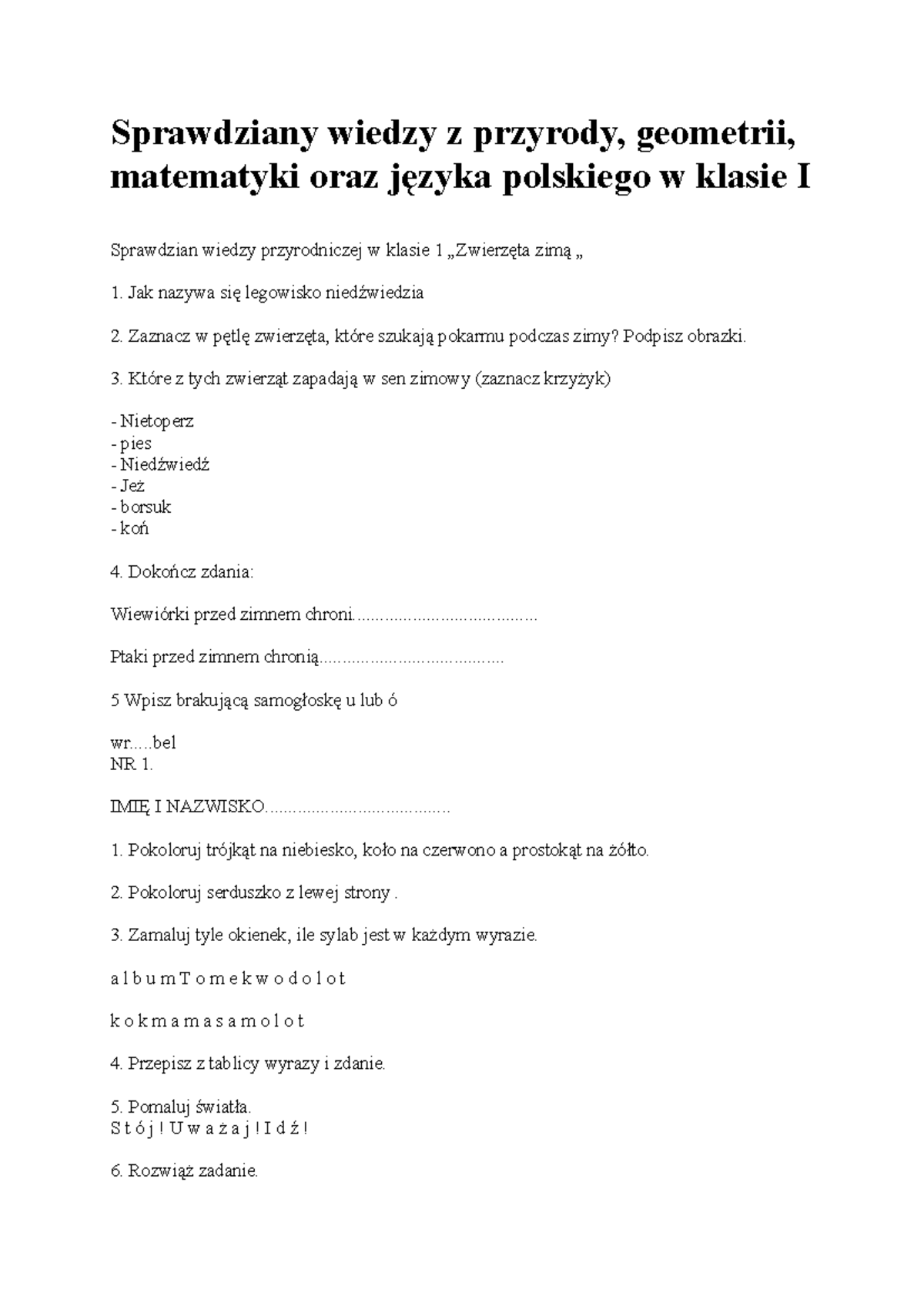 Sprawdzian Wiedzy Ogolnej Dla Kl 2 Sp Do Druku www.studocu.com