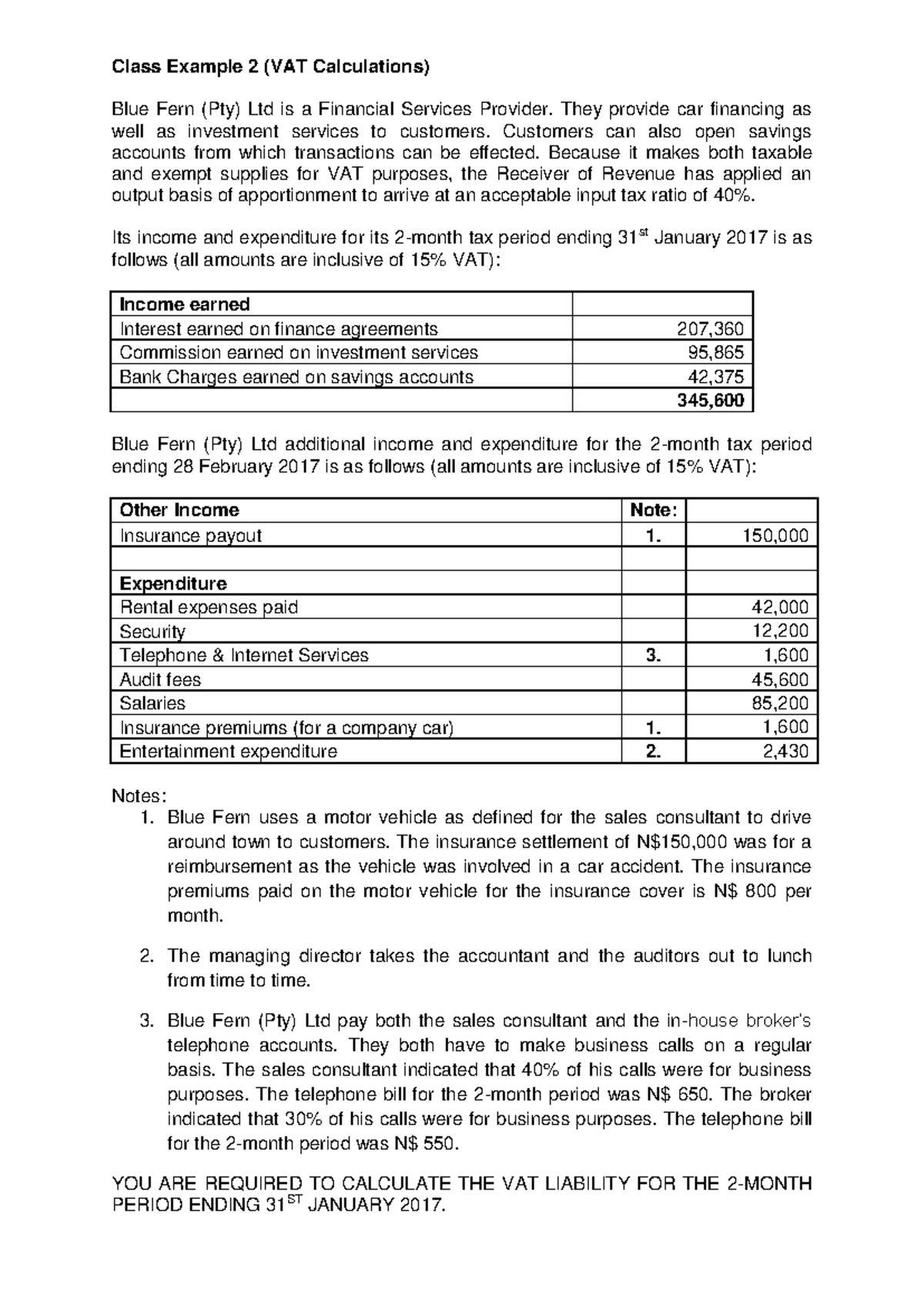 Class Example 2 - Apportionment - Class Example 2 (VAT Calculations ...