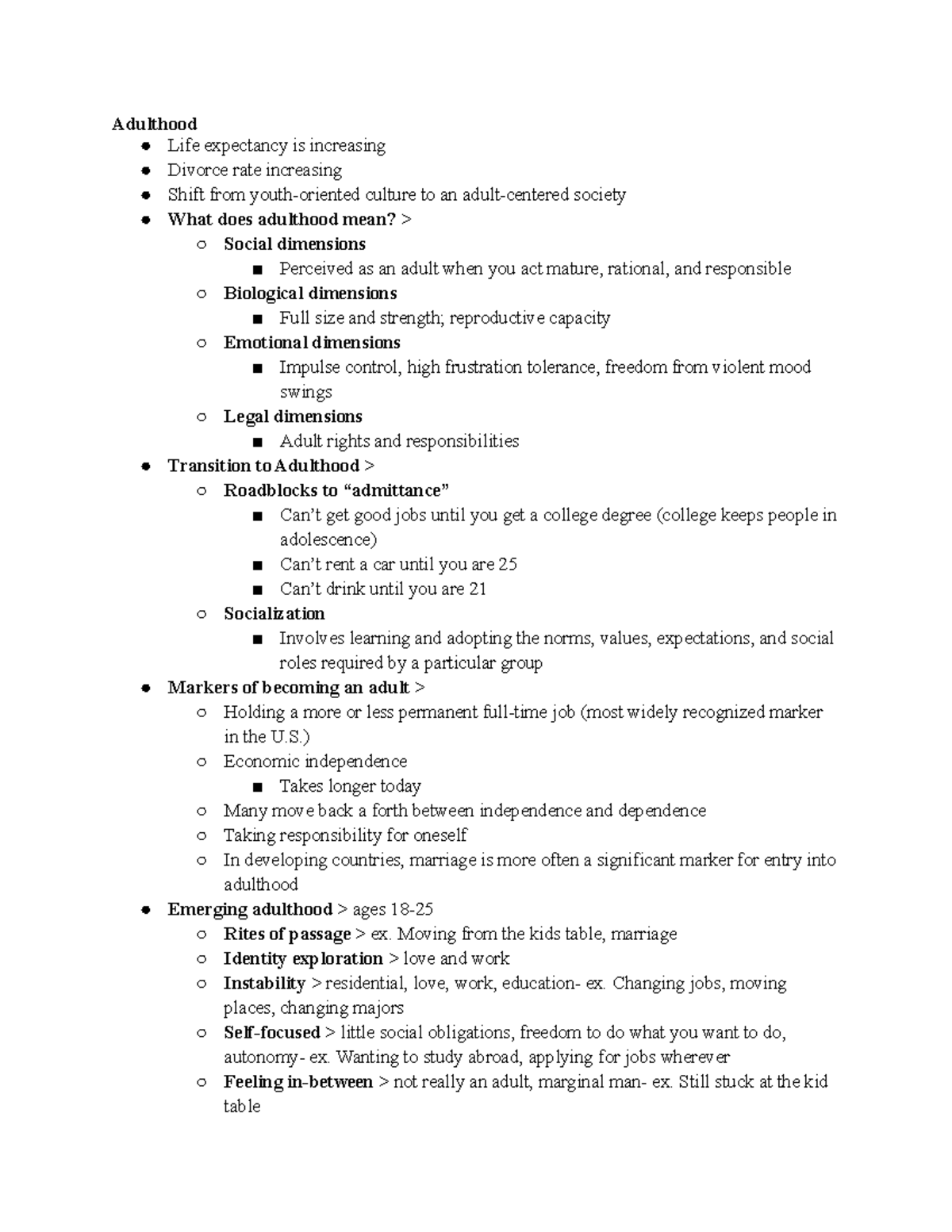 PSY 212 Exam 5 Notes - Adulthood Life expectancy is increasing Divorce ...