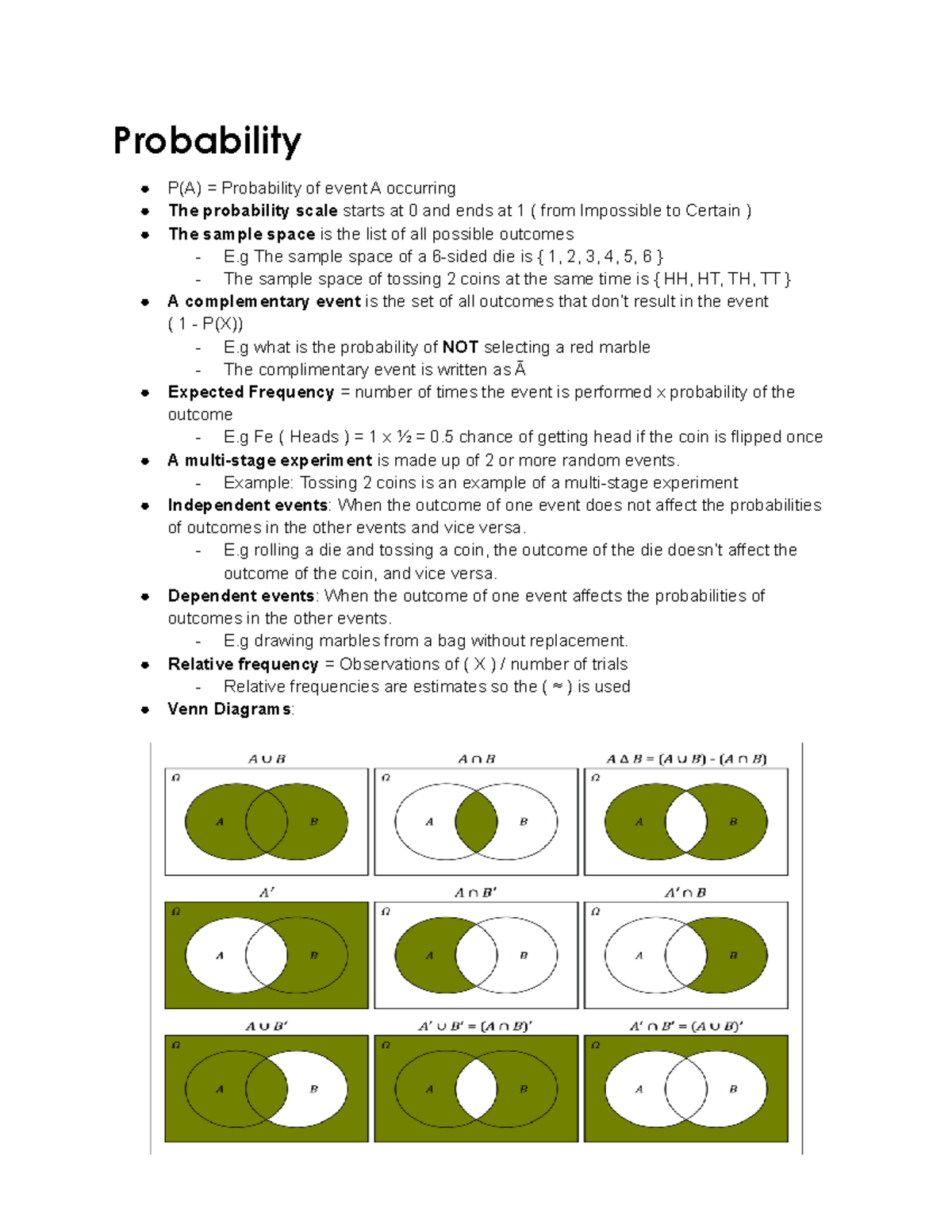 Final Math Notes - Probability P(A) = Probability of event A occurring ...