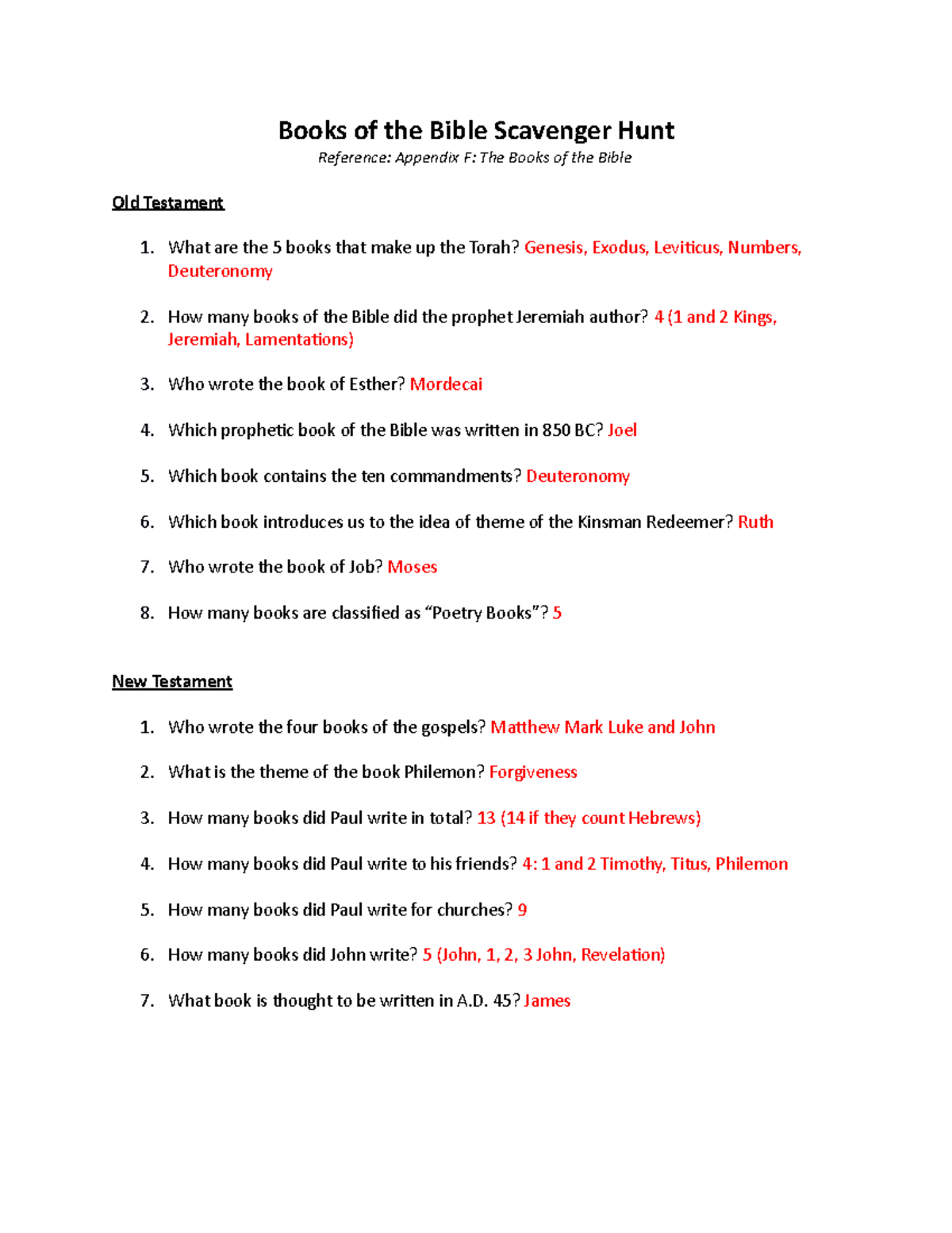 Books of Bible Scavenger Hunt - Books of the Bible Scavenger Hunt ...