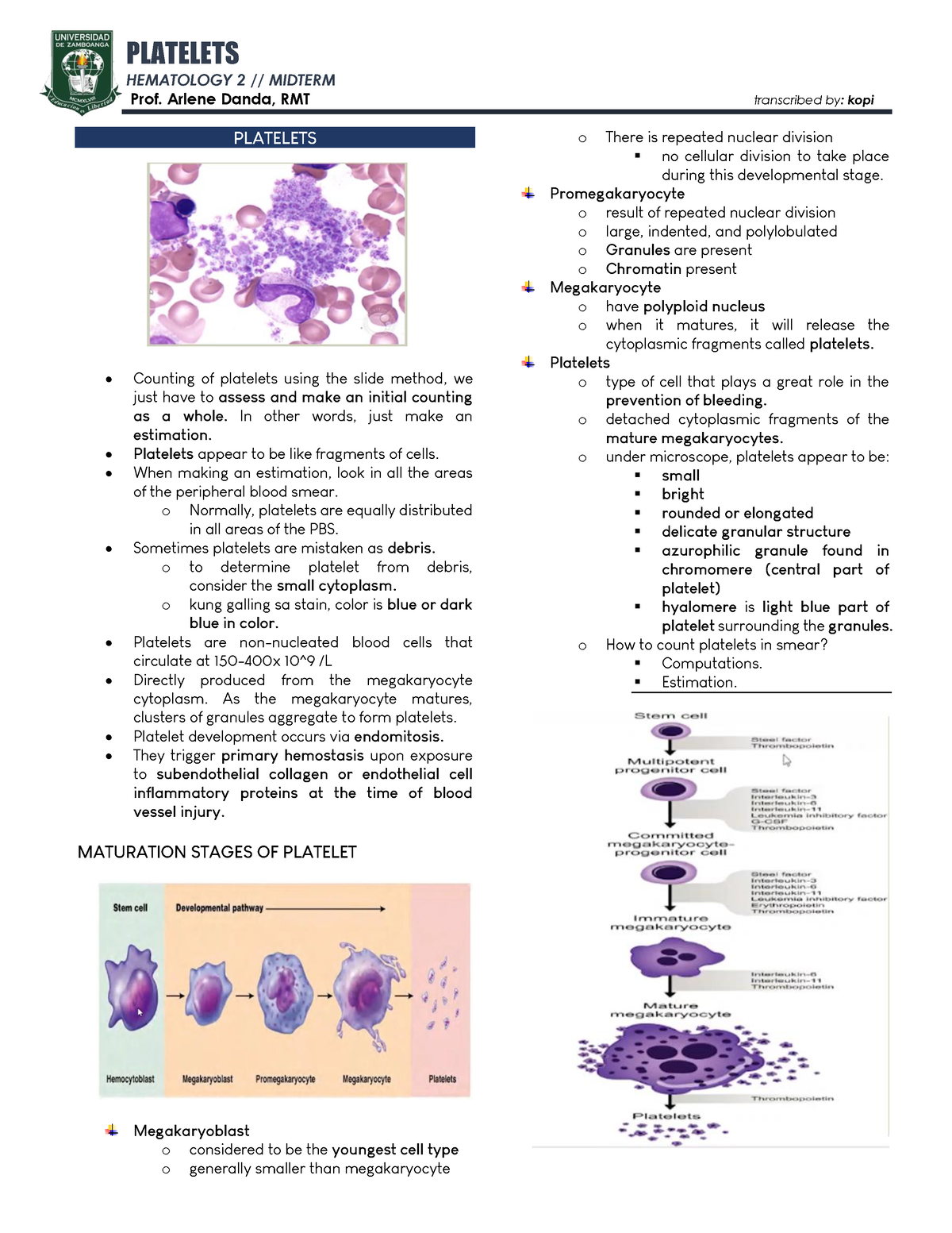 Platelets - Transes - PLATELETS HEMATOLOGY 2 // MIDTERM Prof. Arlene ...