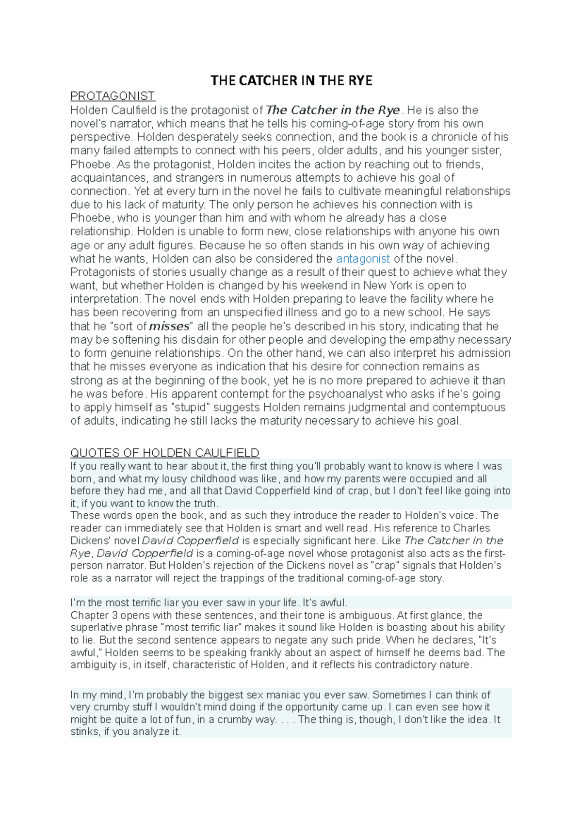 Catcher IN THE RYE notes for the book THE CATCHER IN THE RYE