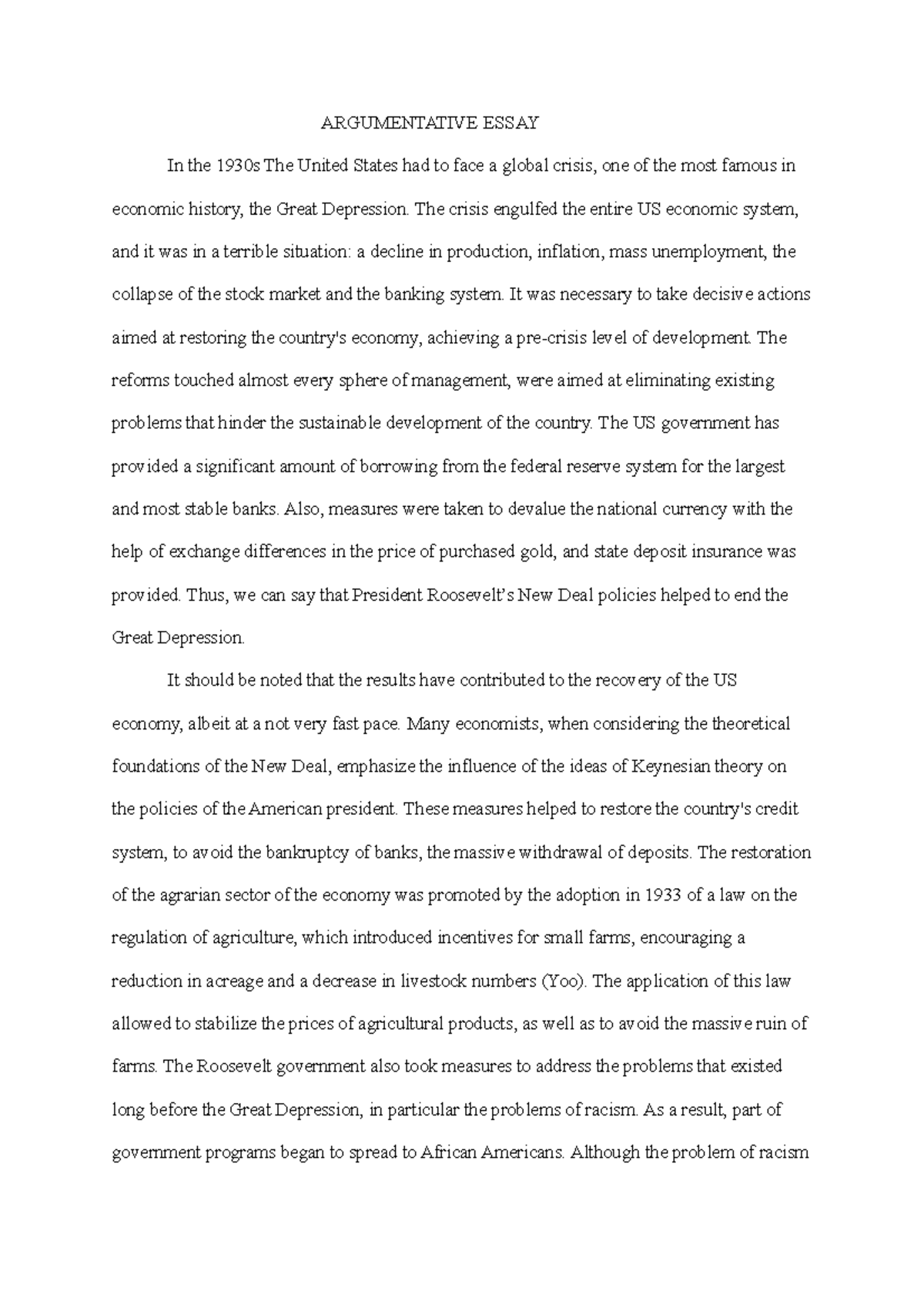 Argumentative Essay The Great Depression ARGUMENTATIVE ESSAY In The 