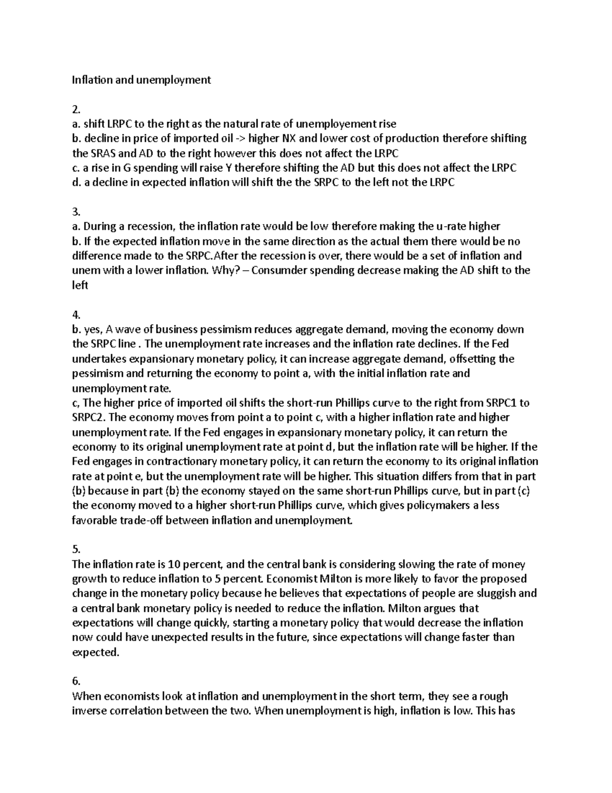 Problems And Application Chapter 15 - Inflation And Unemployment 2. A 