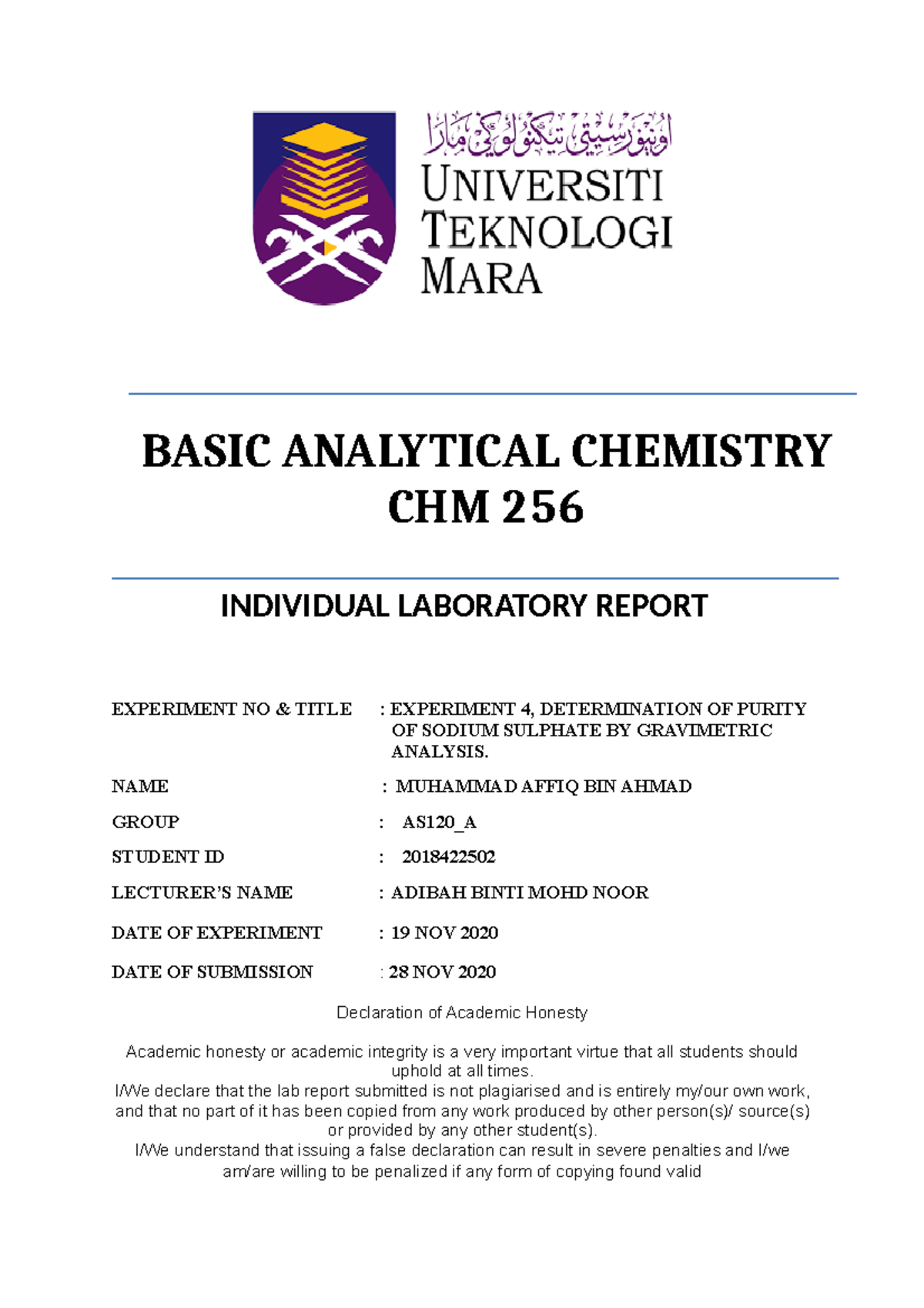 LAB REP 256 - Lab Report 256 - BASIC ANALYTICAL CHEMISTRY CHM 256 ...