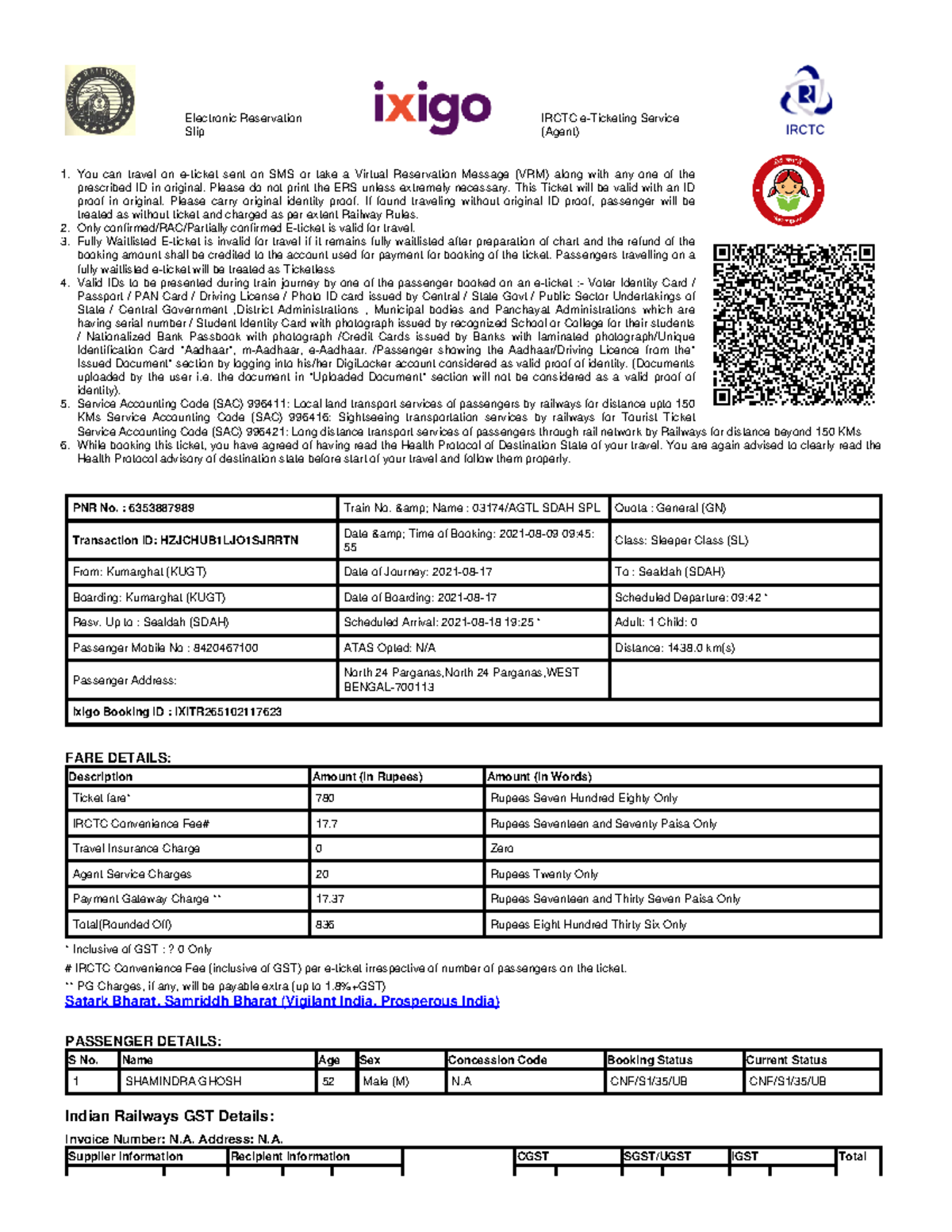 Train.Tkt - 1. 2. 3. 4. 5. 6. Electronic Reservation Slip IRCTC e ...