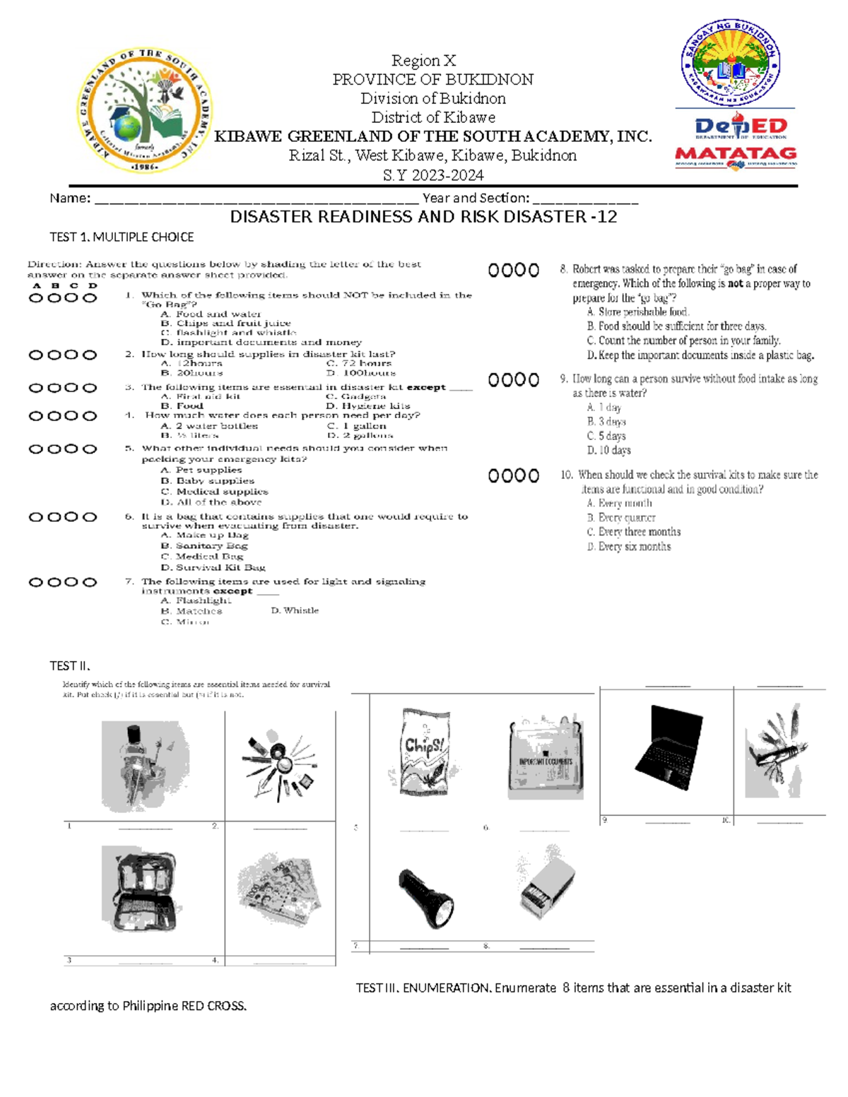EXAMINATION FOR GRADE 12 UNDER DISASTER RISK REDUCTION MANAGEMENT FOR ...