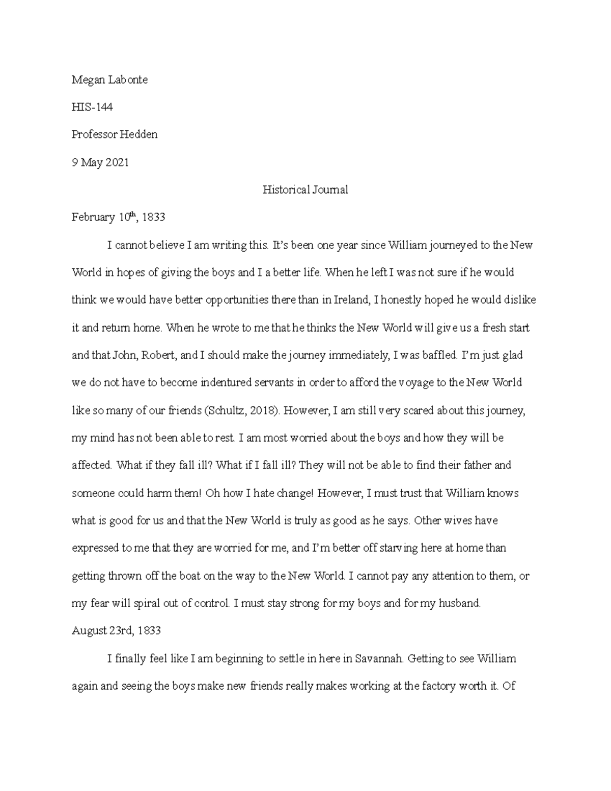 Topic 1 Historical journal HIS144 Megan Labonte HIS Professor
