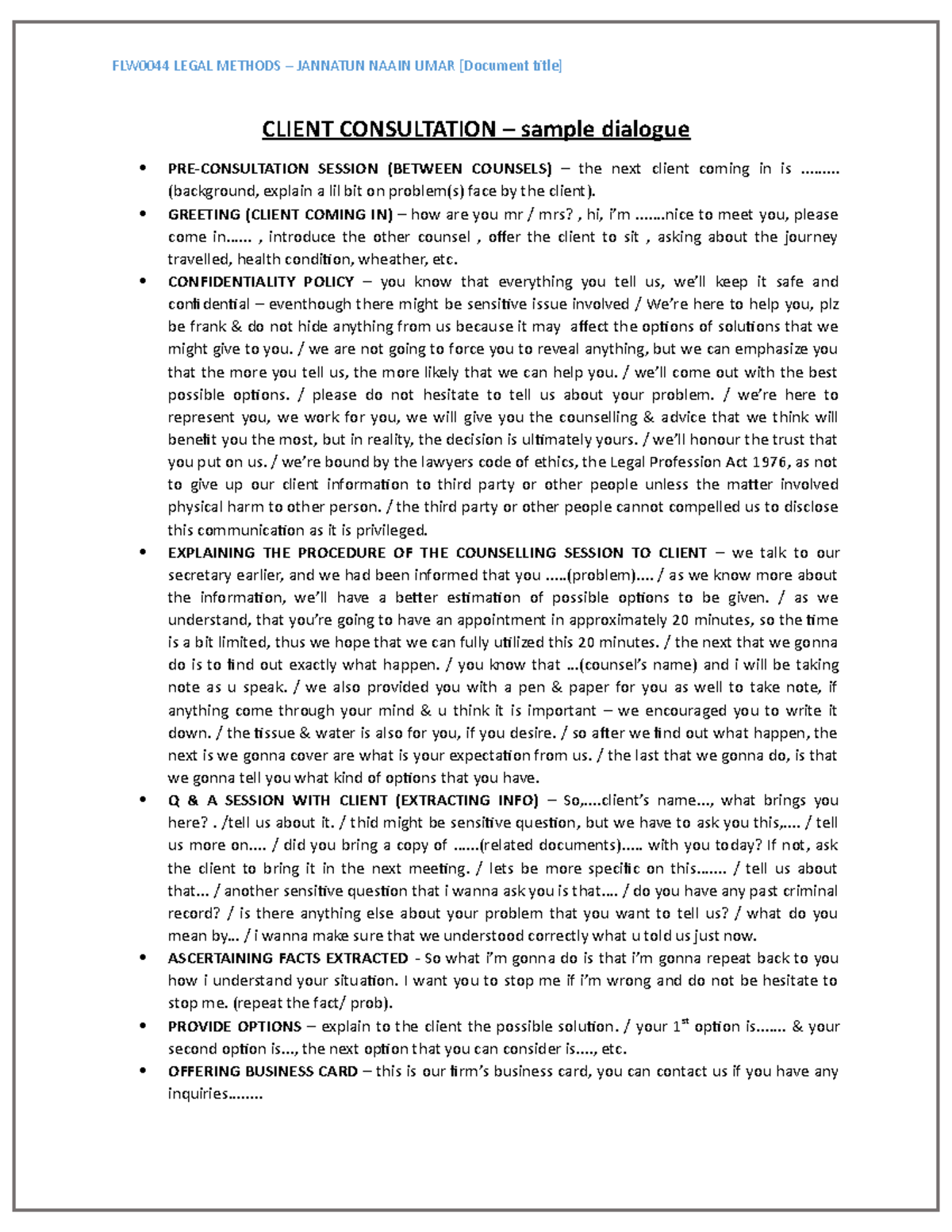 Client Consultation law FLW0044 LEGAL METHODS JANNATUN NAAIN UMAR