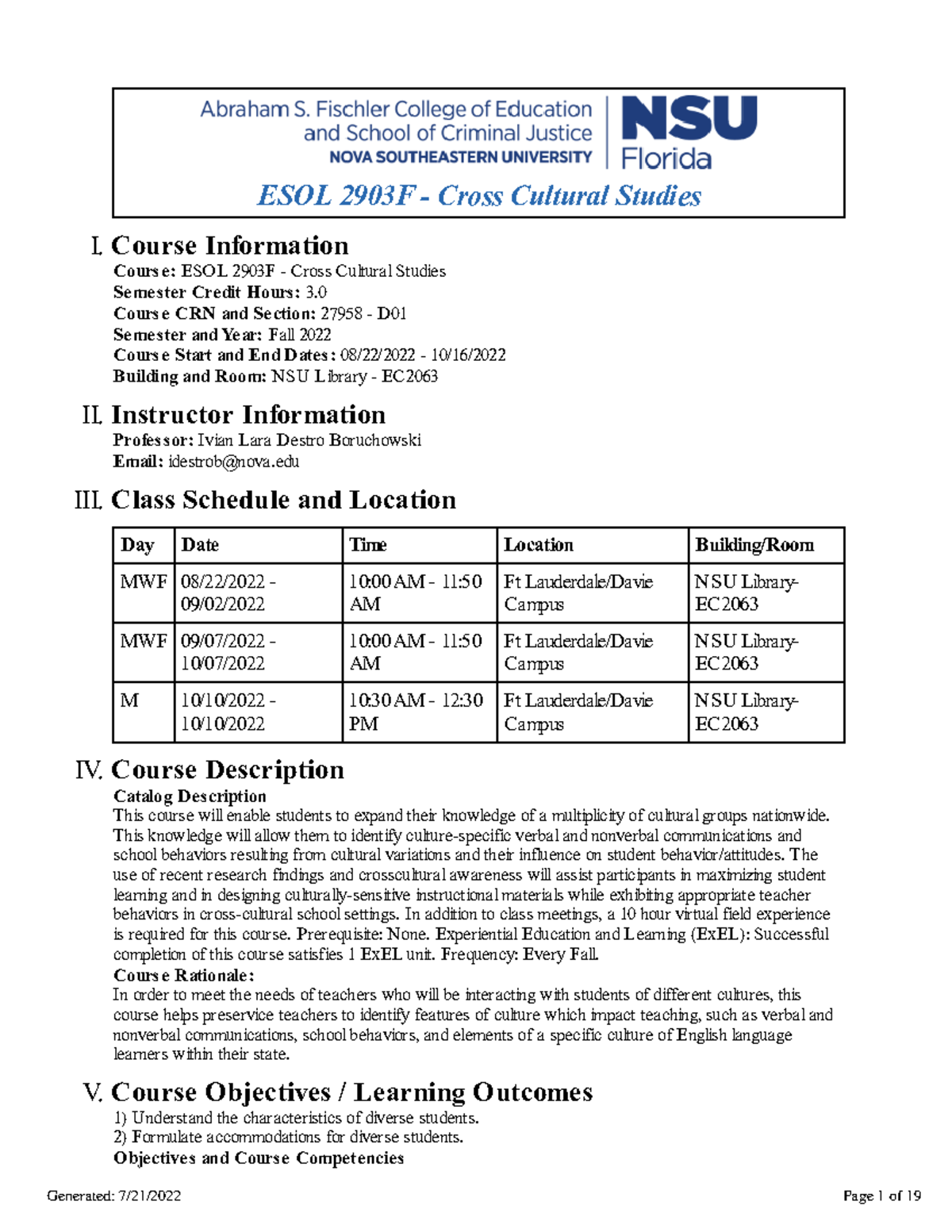 Cross cultrual studies syllabus - ESOL 2903F - Cross Cultural Studies I ...