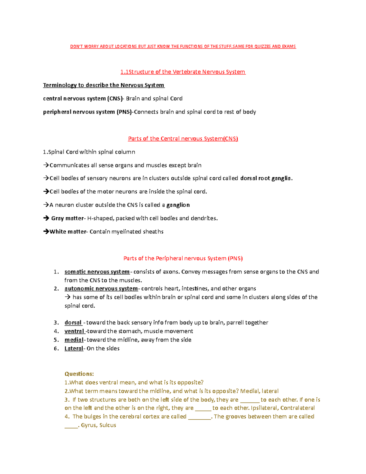 Chapter 3 notes - 1.1Structure of the Vertebrate Nervous System - DON’T ...