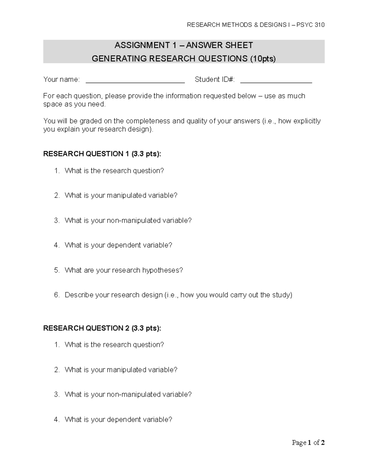 PSYC310 assignment 1 generating research questions answer sheet ...