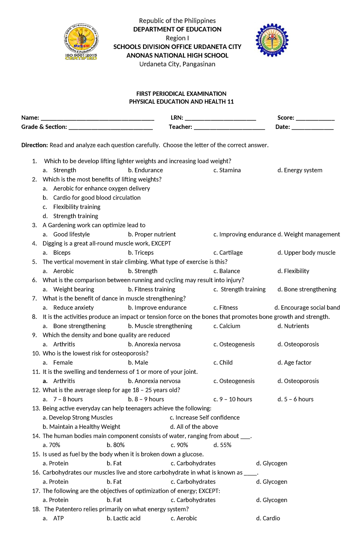 1st Quarter Exam - P.e. 11 - First Periodical Examination Physical 