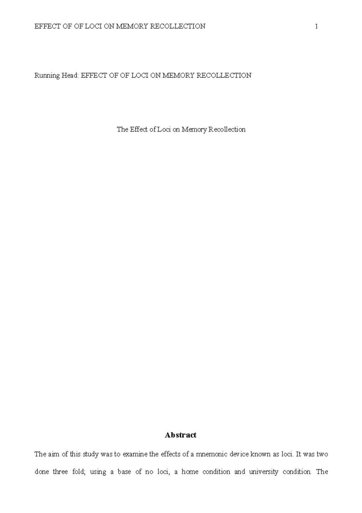 Loci - The Effect of Loci on Memory Recollection - Running Head: EFFECT ...