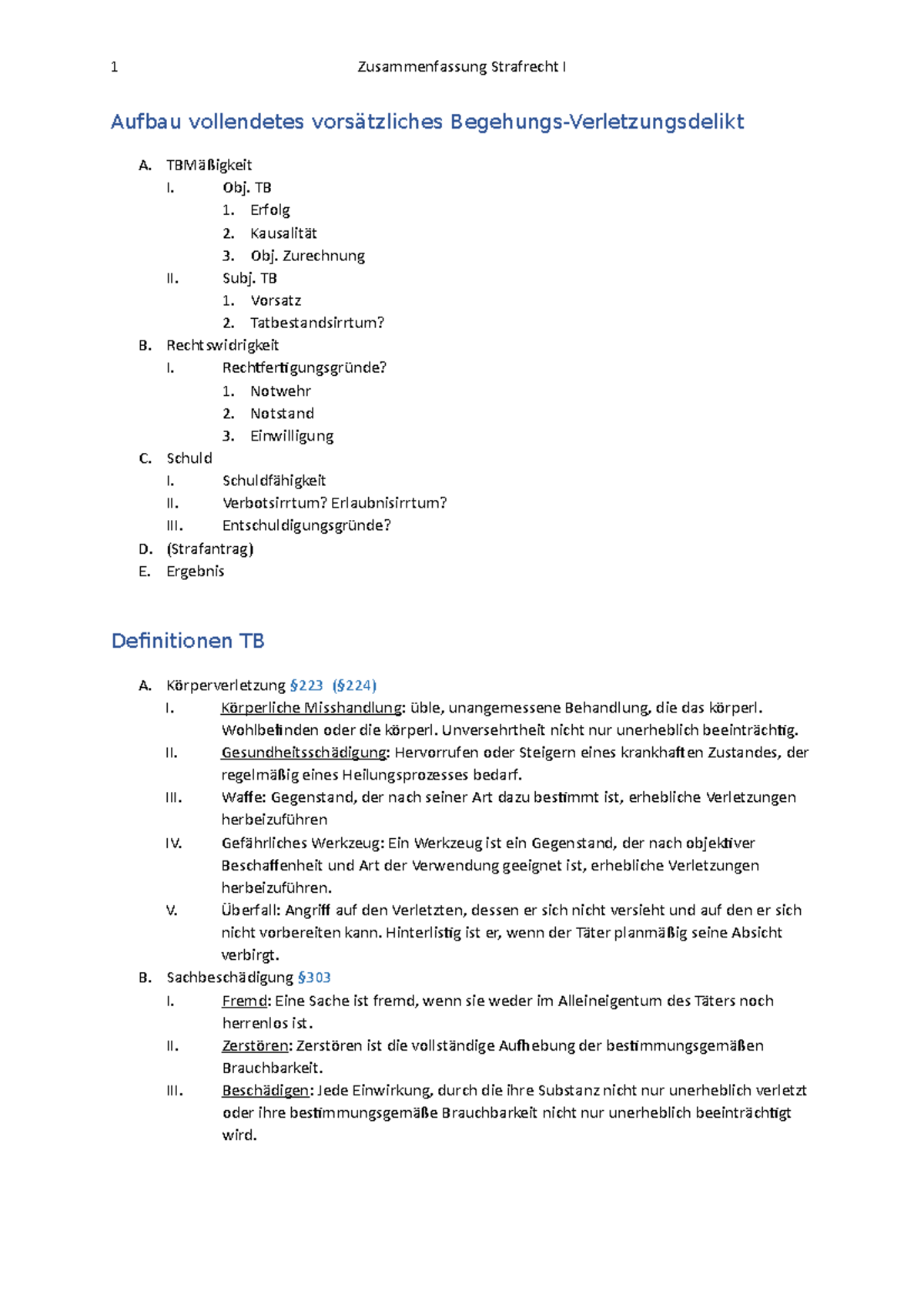 Strafrecht I Zusammenfassung - Aufbau vollendetes vorsätzliches ...