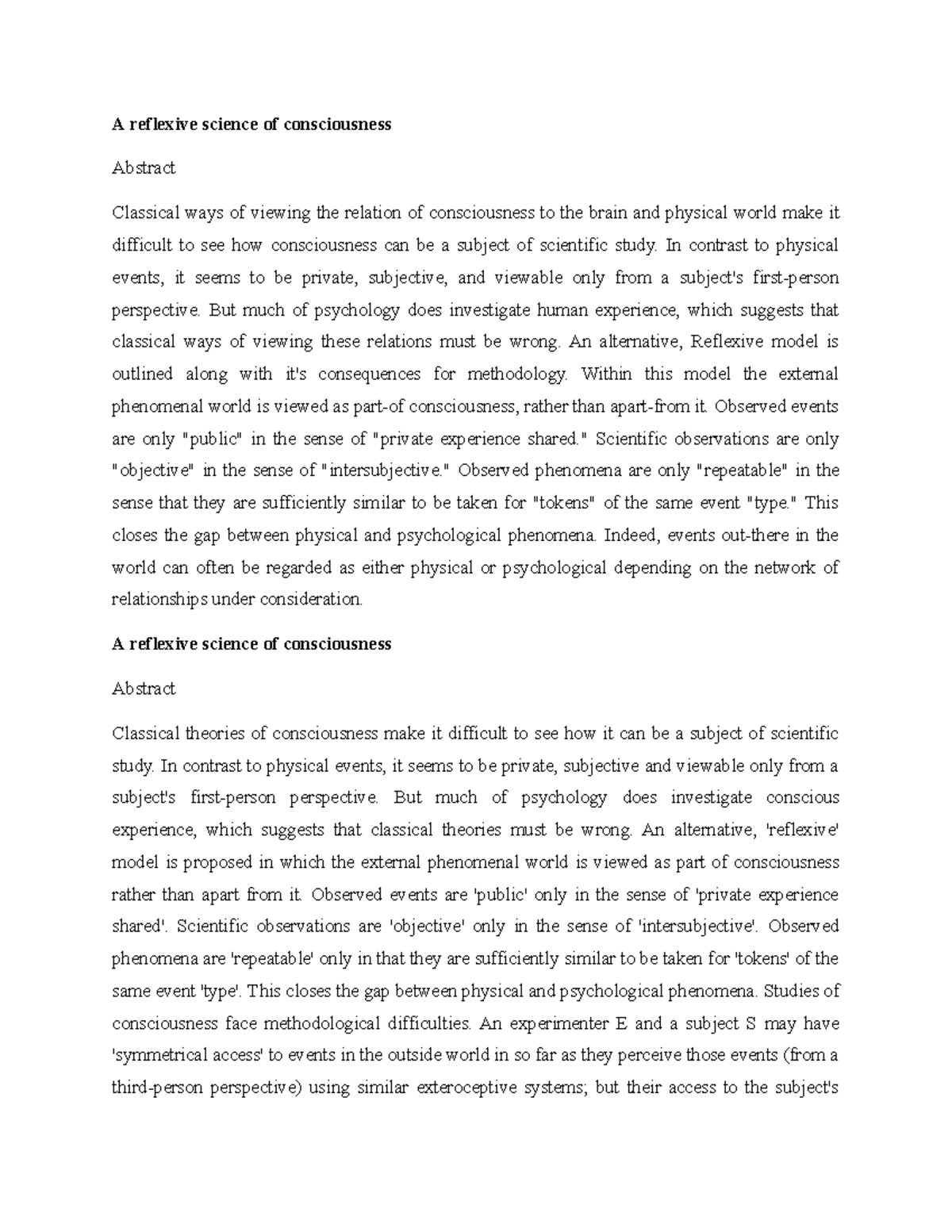 Velmans notes - A reflexive science of consciousness Abstract Classical ...