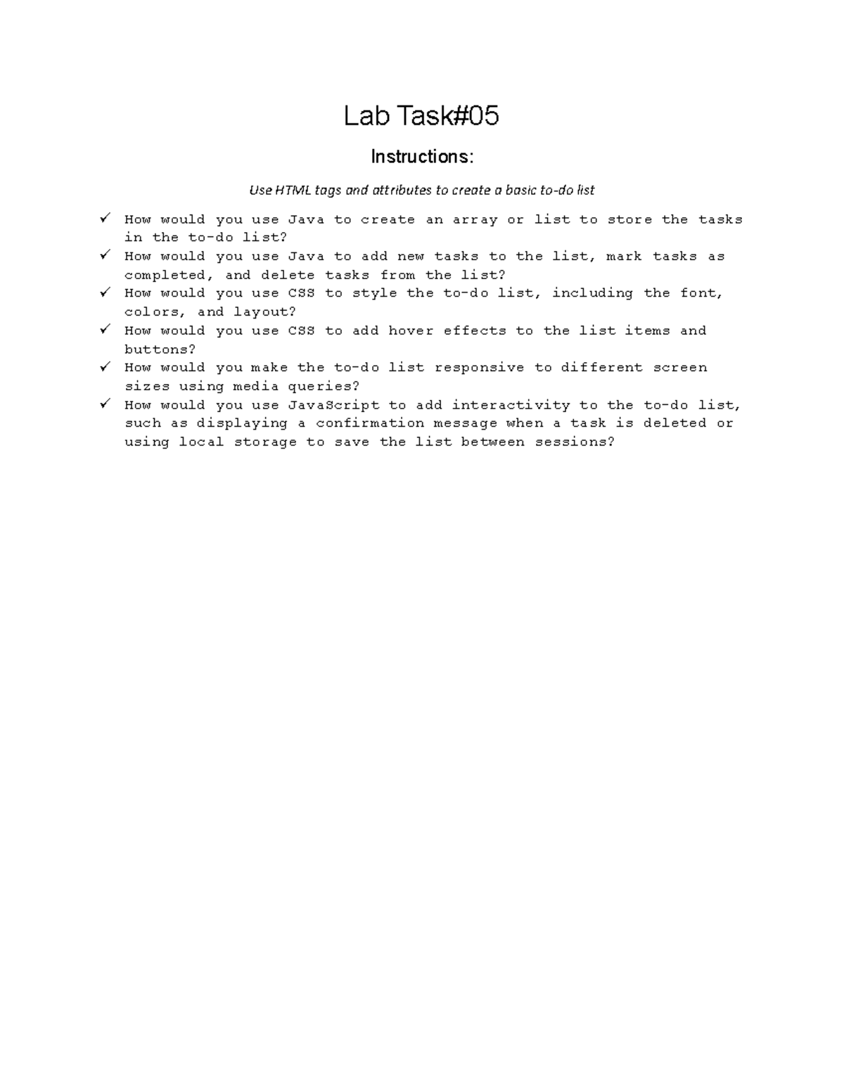 Assg1 - none - Lab Task# Instructions: Use HTML tags and attributes to ...