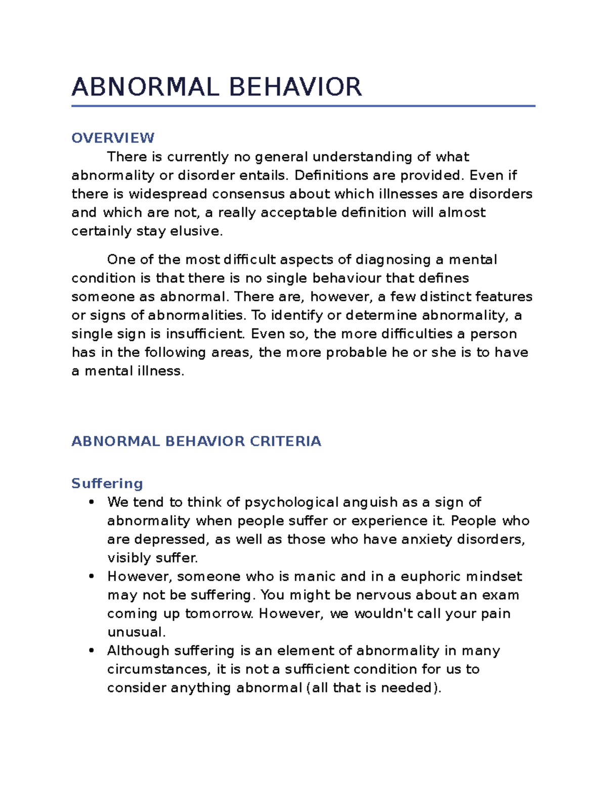 AN Brief Overview OF Abnormal behaviour ABNORMAL BEHAVIOR OVERVIEW