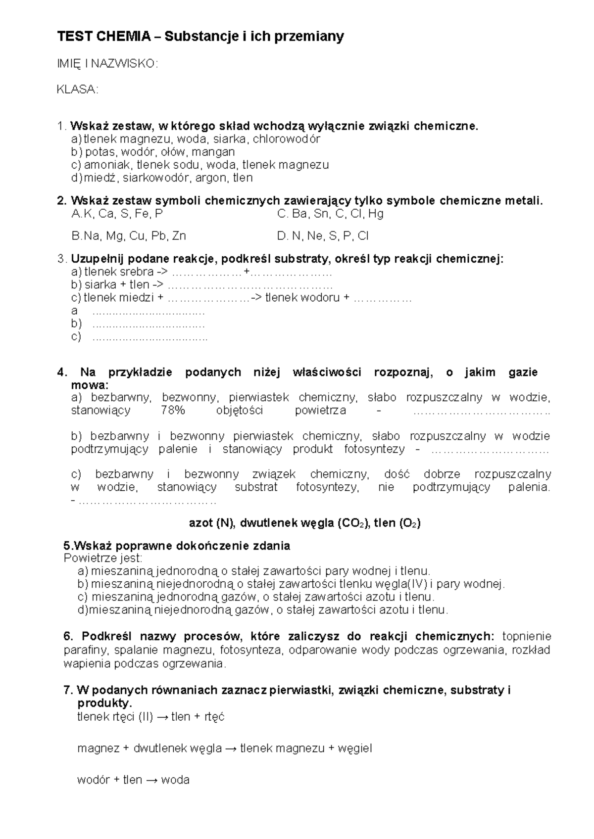 Chemia Klasa 7 Testy Na Sprawdzian www.studocu.com
