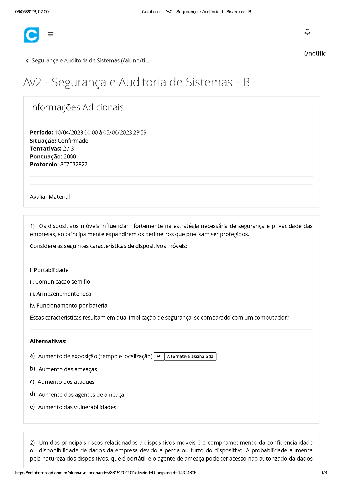 Colaborar - Av2 - Segurança E Auditoria De Sistemas - B - 06/06/2023 ...