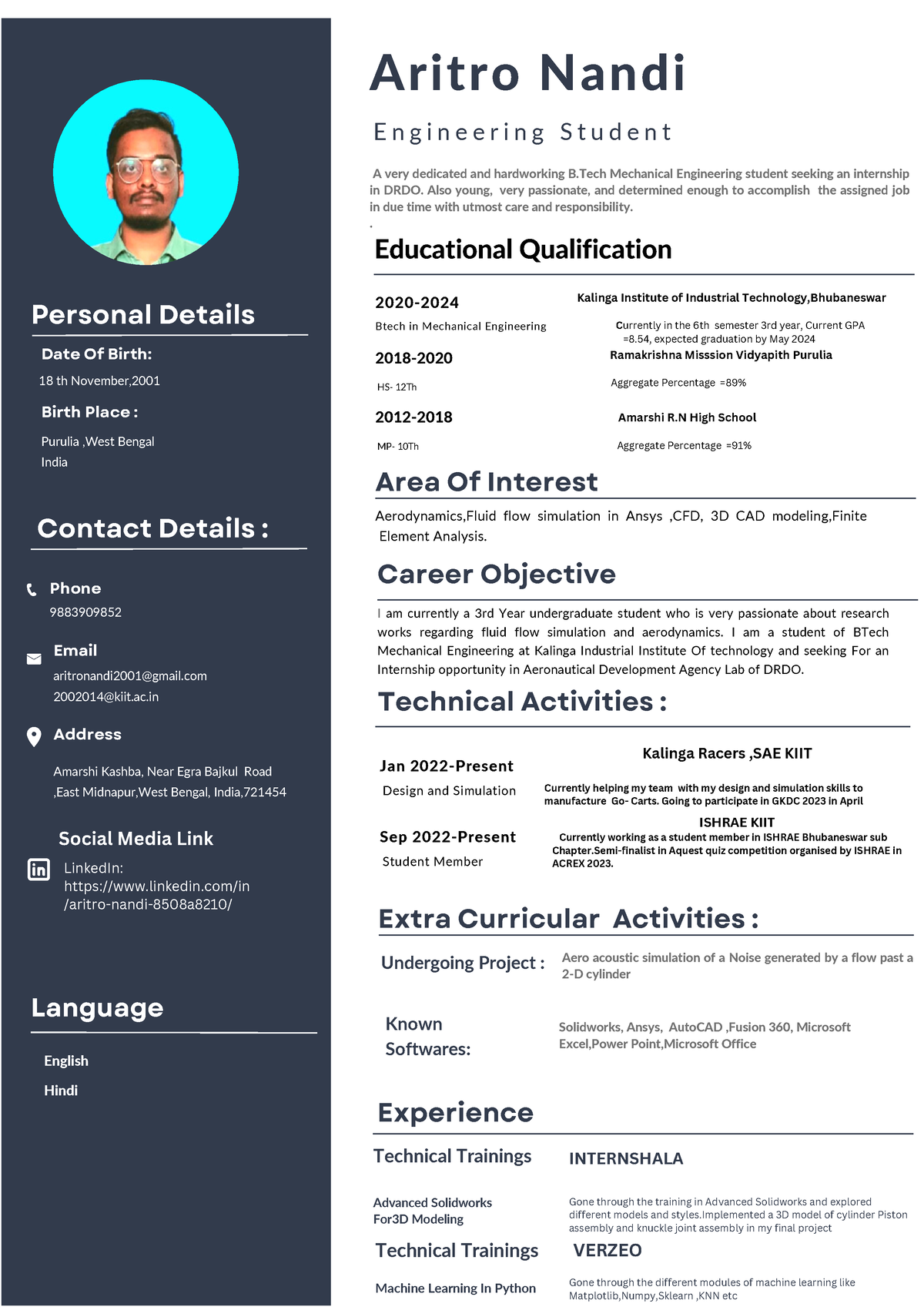 2002 014( Aritro Nandi ) Resume - Contact Details : 9883909852 Phone ...