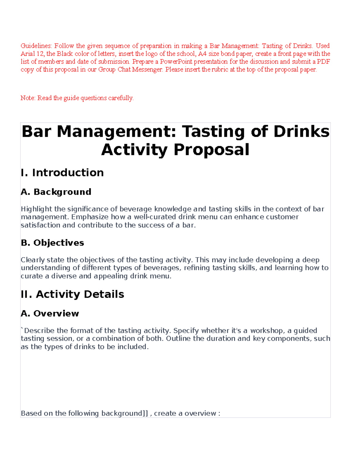 Final-Exam Bar-Management - Guidelines: Follow the given sequence of ...