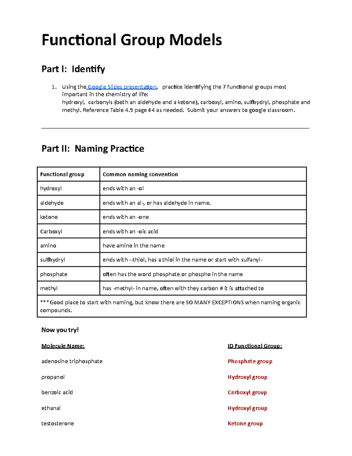Functional Groups Activity - Funconal Group Models Part I: Idenfy Using ...