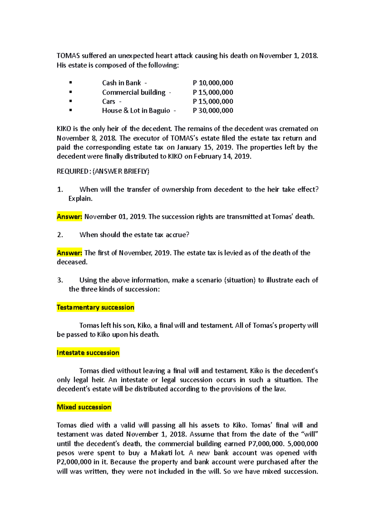 TAX 004 - Assignment 1.1 Prepare and describe a succession scenario ...