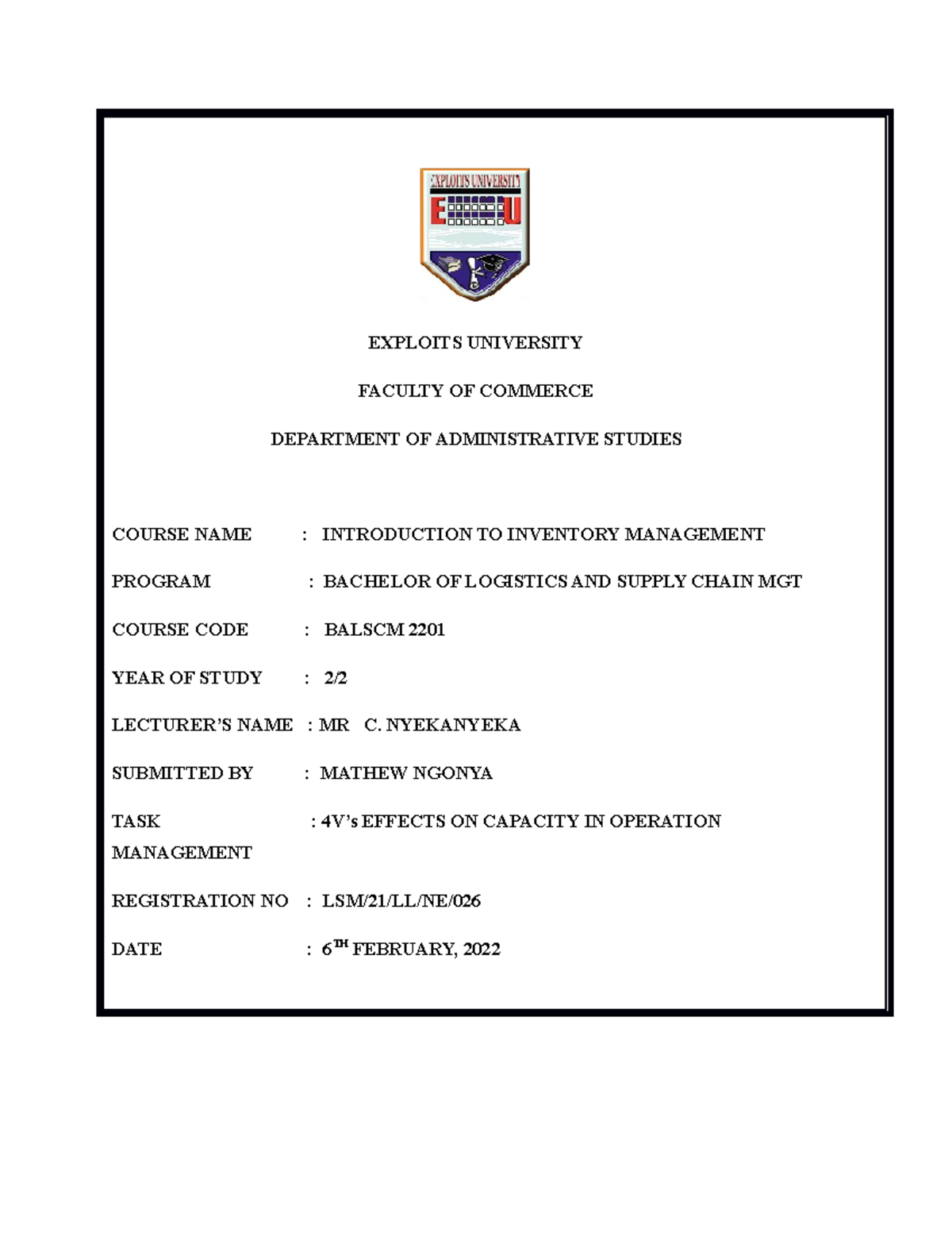 HOW 4V Affect Capacity (mathew ngonya) - EXPLOITS UNIVERSITY FACULTY OF ...