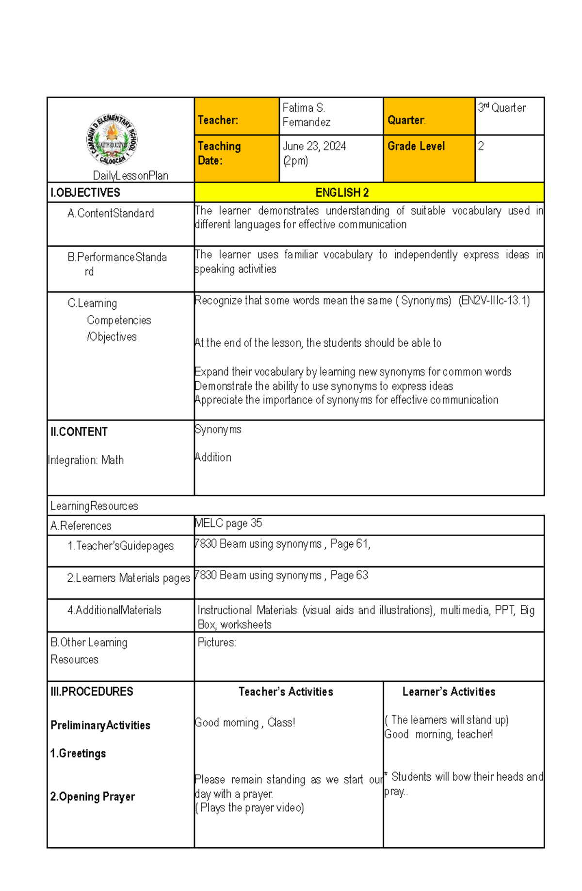 MY DLP - English-2 - 5Es DLP - DailyLessonPlan Teacher: Fatima S ...