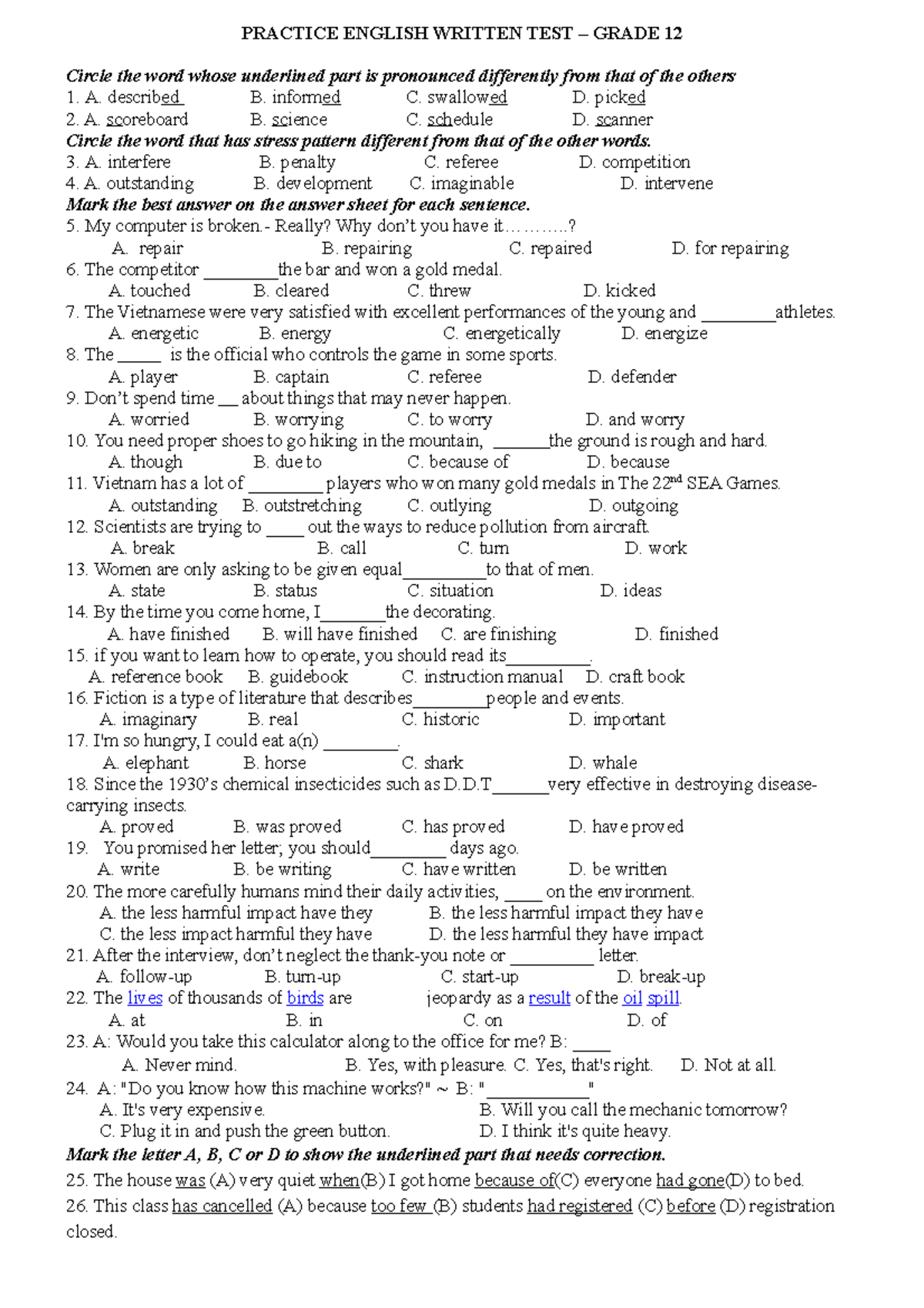 Practice English Written TEST - PRACTICE ENGLISH WRITTEN TEST – GRADE ...