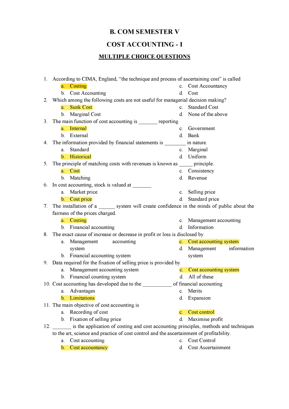 CostAccounting I MCQ 1 highlighted answers Estimation And Costing