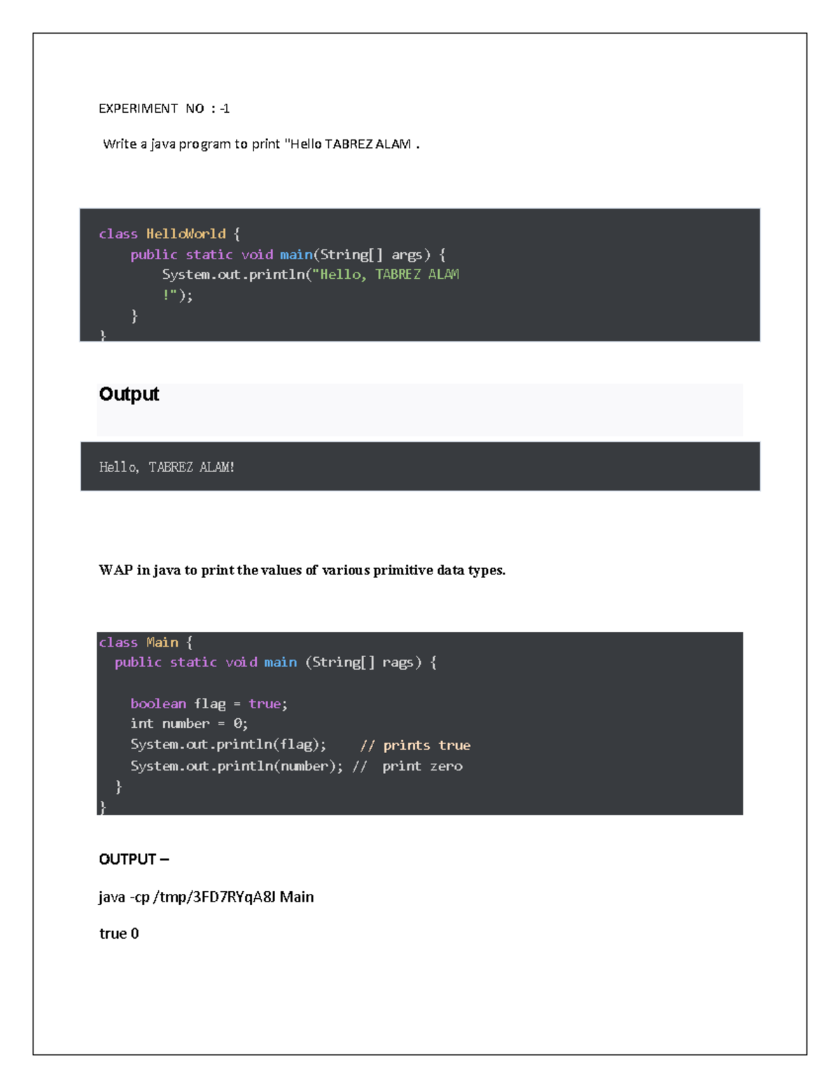Tabrez ALAM Final Java - class HelloWorld { public static void main ...