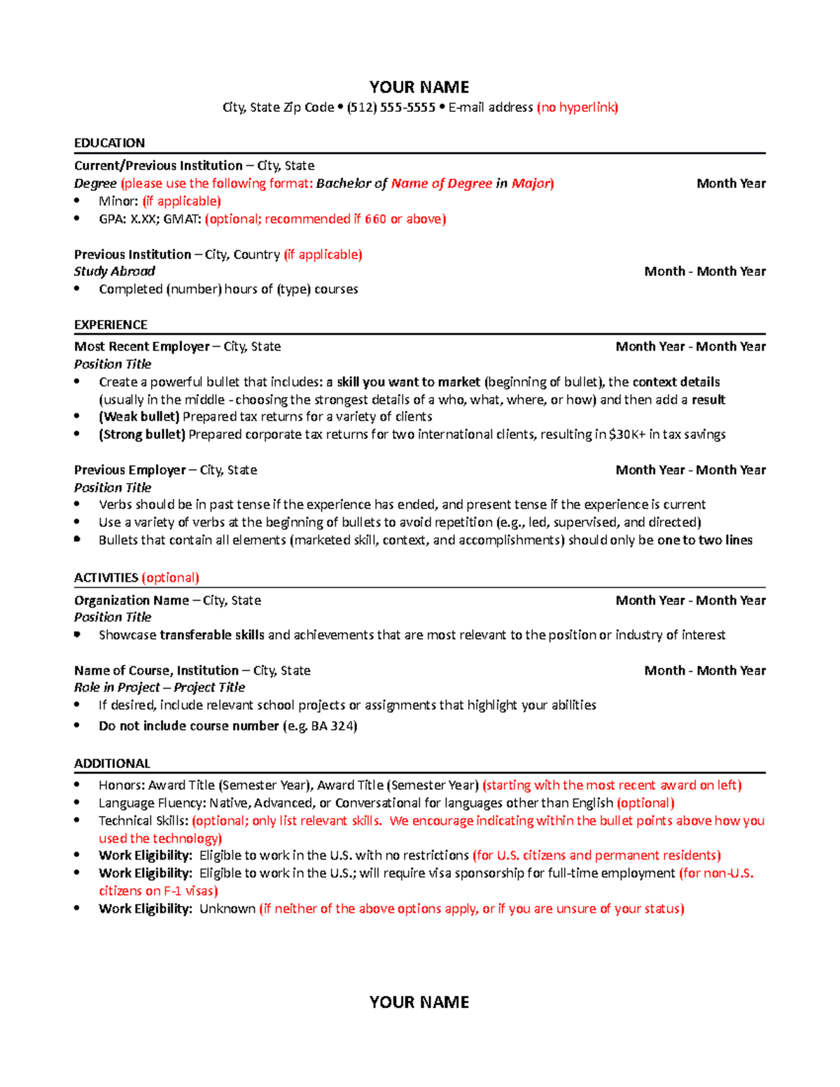 T MPA Application Resume Template - YOUR NAME City, State Zip Code (512 ...