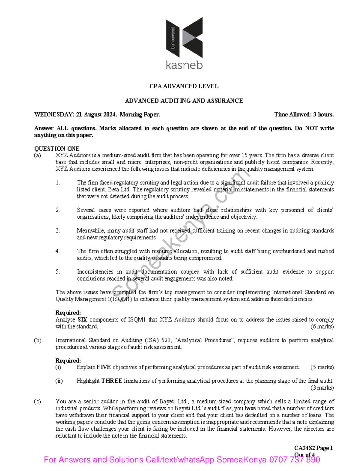 AAA August 2024 - CPA PAST PAPER - Someakenya CA34S2 Page 1 Out of 4 ...