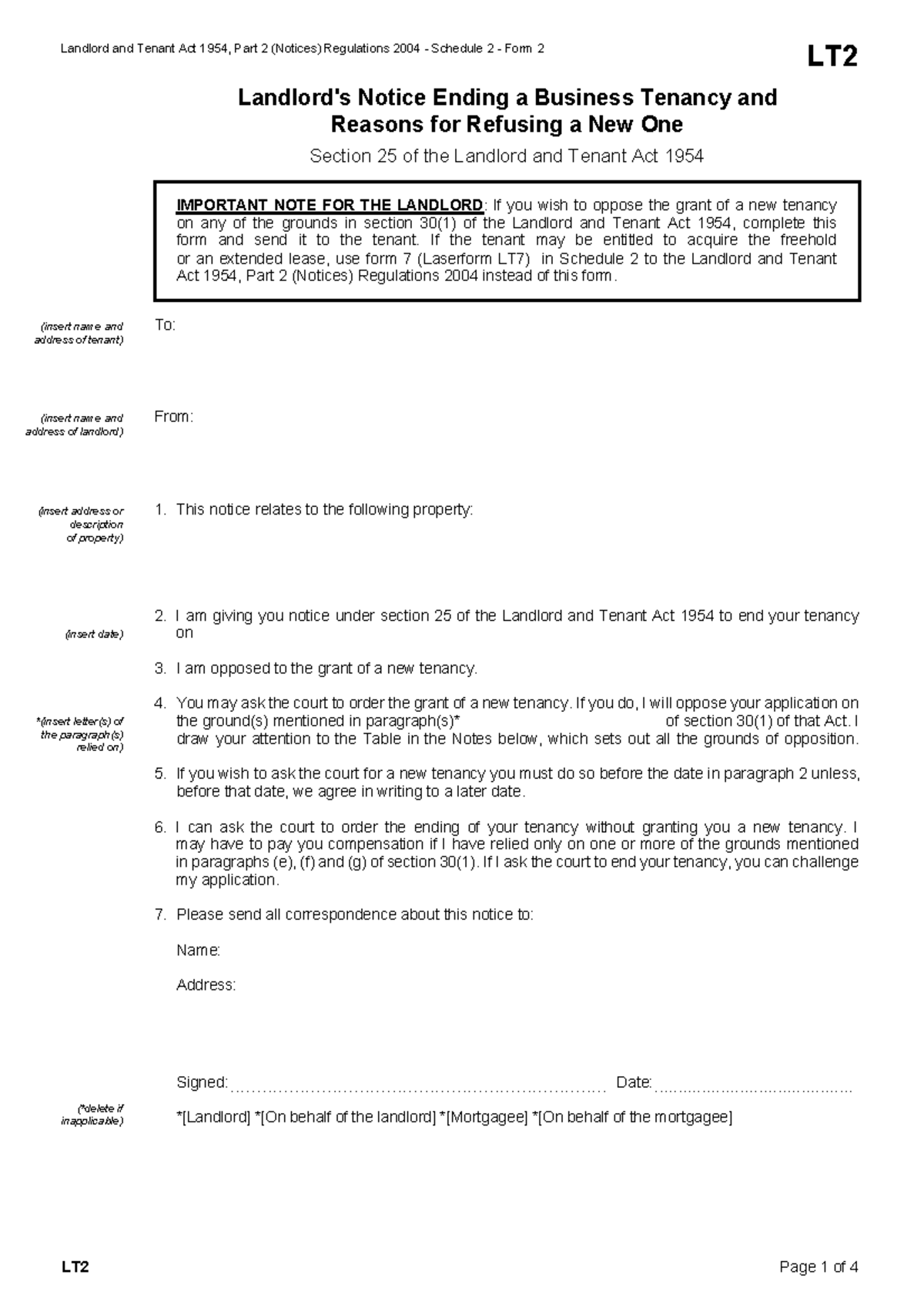 Section 25 Notice Form 2 LForm - LT2 - Landlord and Tenant Act 1954 ...