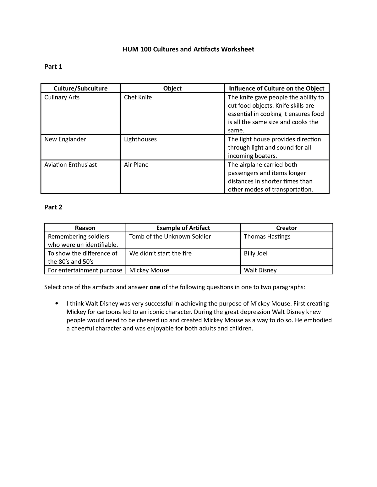 Hum 100 Cultures And Artifacts Worksheet Hum 100 Perspectives In Studocu